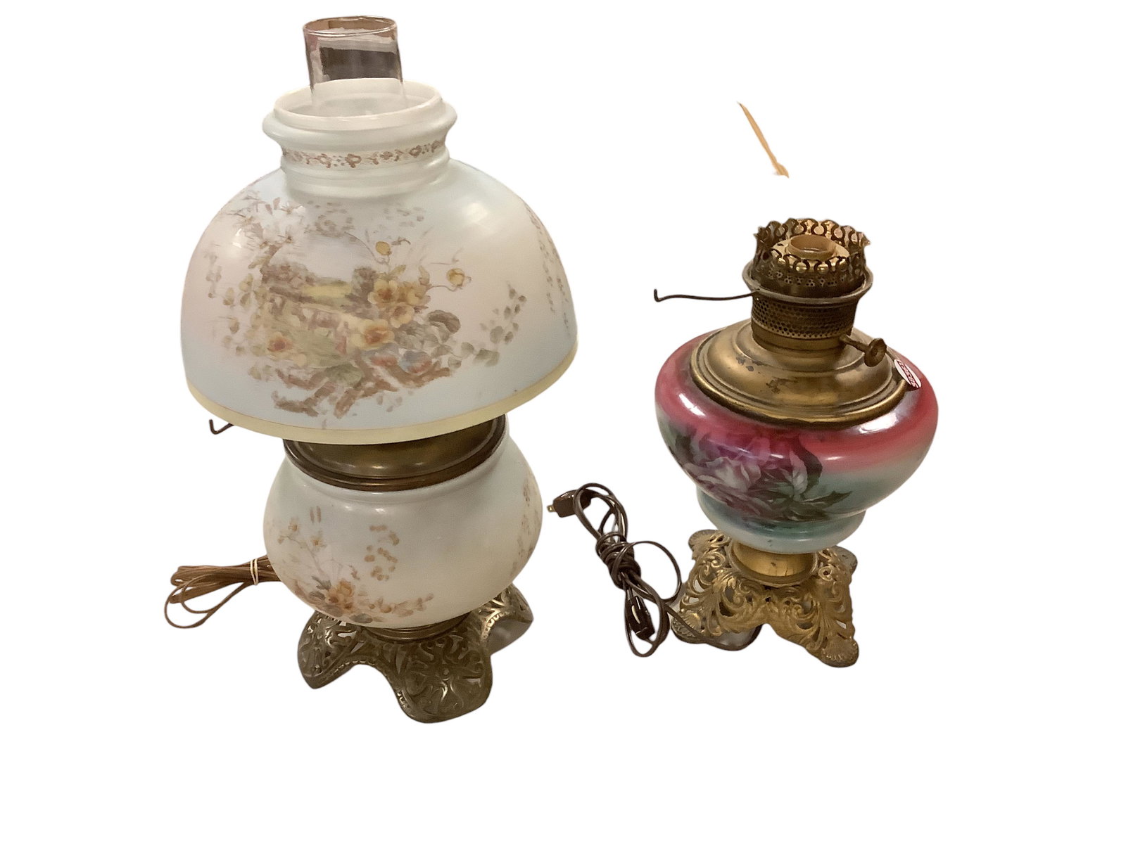(2) Hurricane Electric Oil Lamps: (2) Hurricane Electric Oil Lamps Meadow scene 17î H. Vintage Rose. No top shade .13î H.