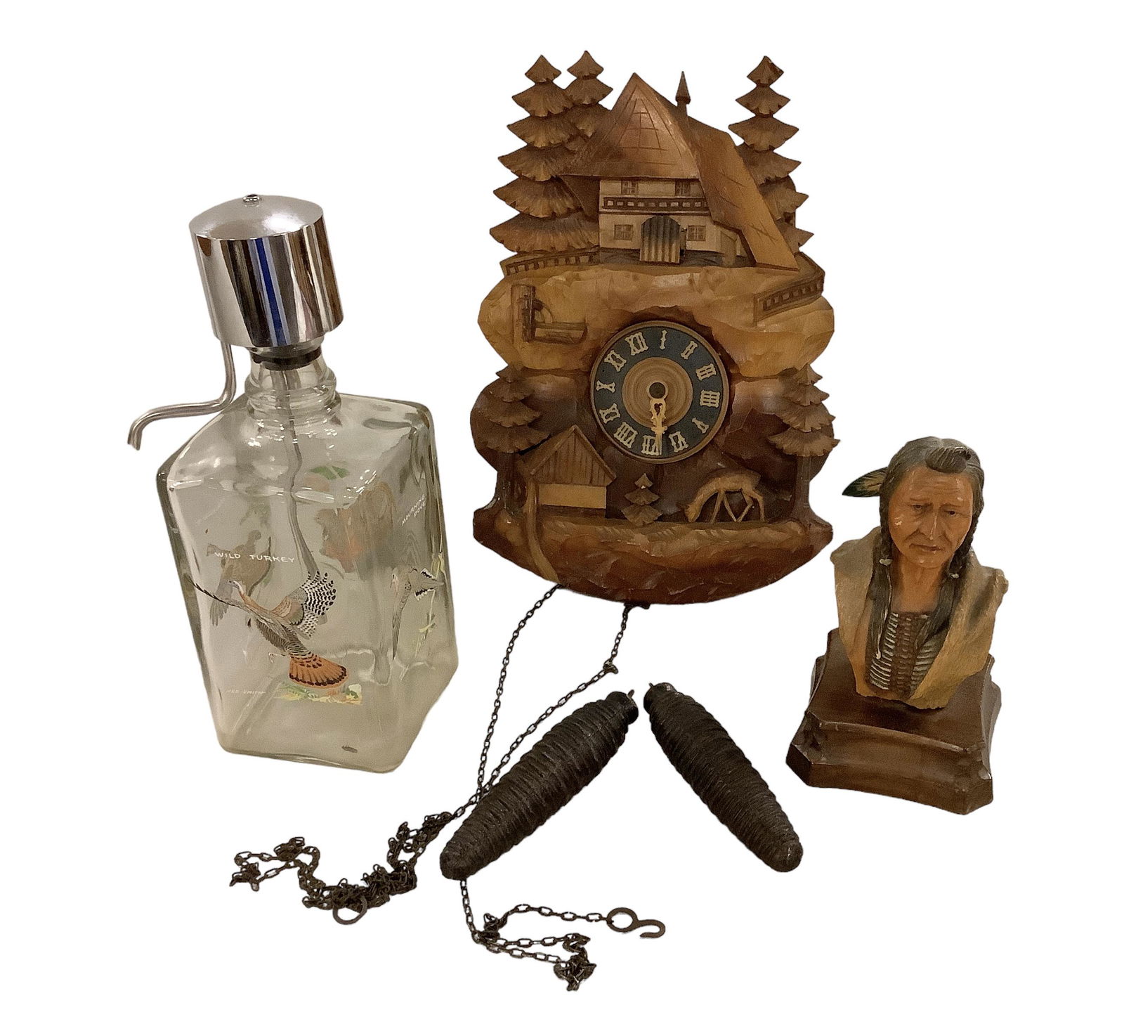 Whiskey Decanter, Cuckoo Clock and Indian Bust Carving (1 of 4)