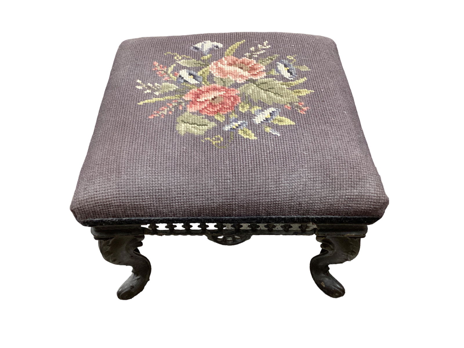 Cast Metal Footstool with Floral Needlepoint (1 of 1)