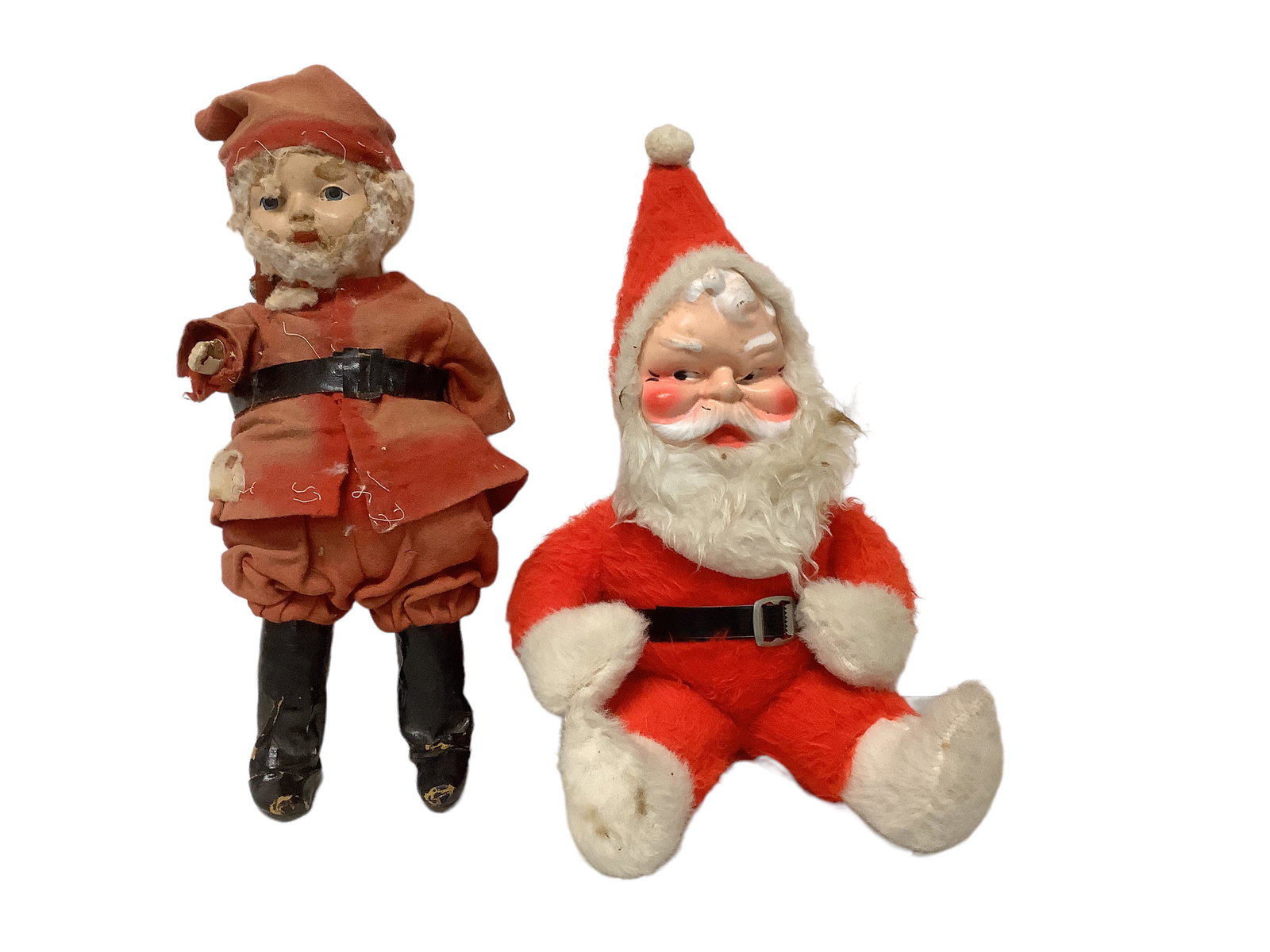 Two Vintage Santas: Two Vintage Santas The plush Santa is 19îH with a hard plastic face, made by the ìBJ Toy Co., the other is 16îH.