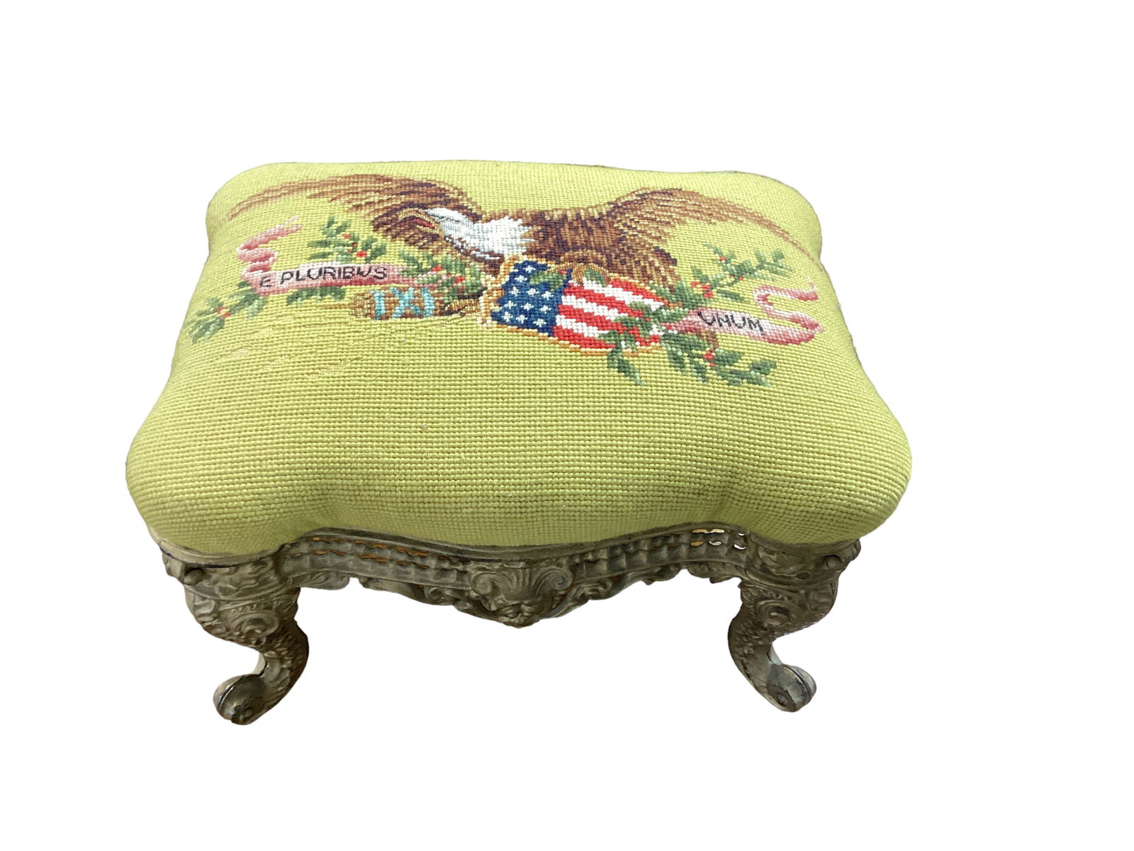 Cast Iron Footstool with Needle Point American Eagle (1 of 1)