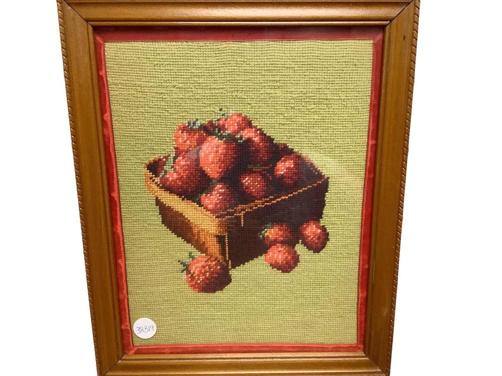Framed Needlework, Strawberries: Framed Needlework, Strawberries Fresh picked strawberries needlework . Frame measures 16î x 13î overall.
