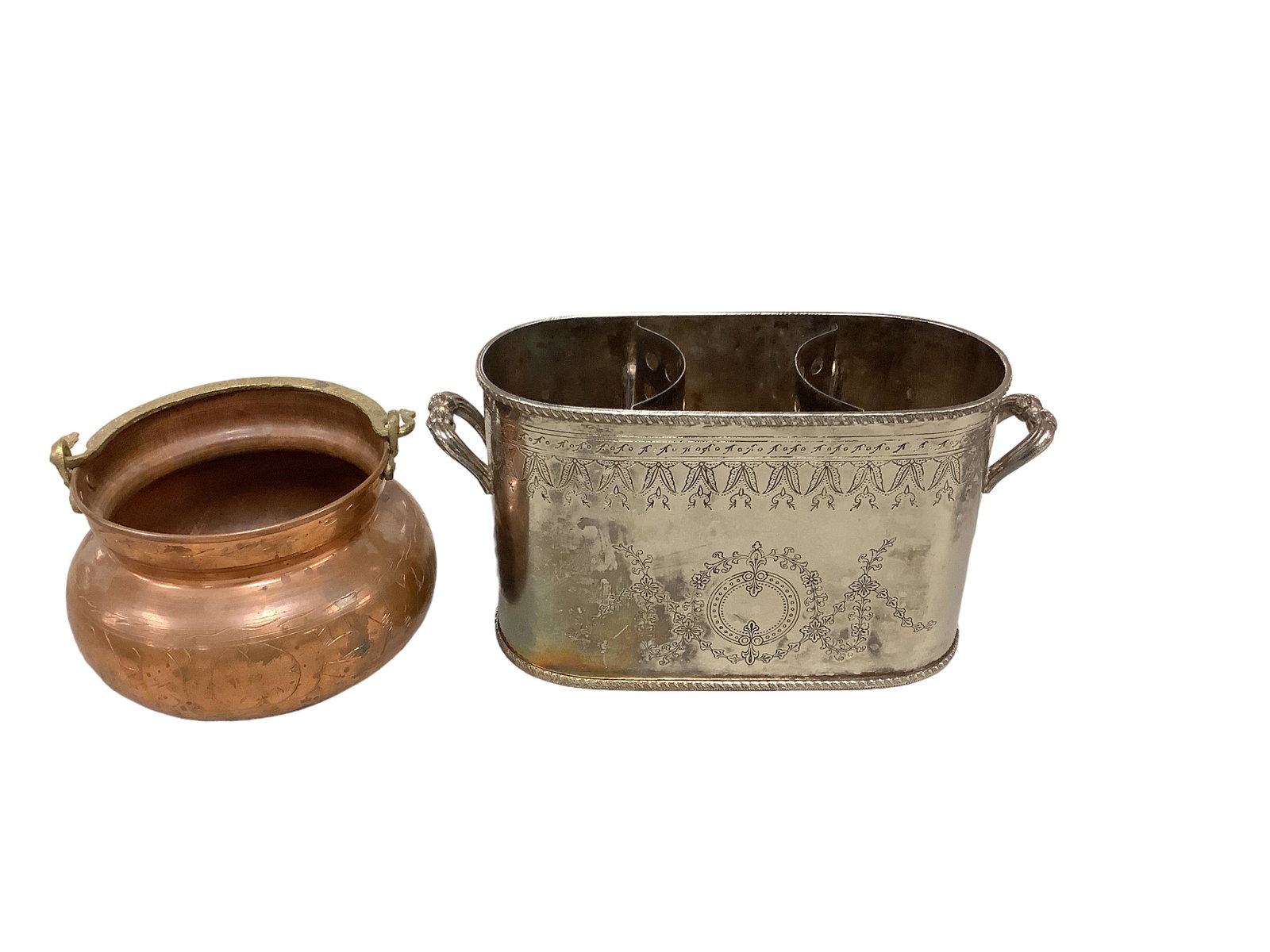Wine Cooler & Copper Pot with Handle: Wine Cooler & Copper Pot with Handle Wine cooler is 11îL x 7îH, pot is 5îH (without handle).