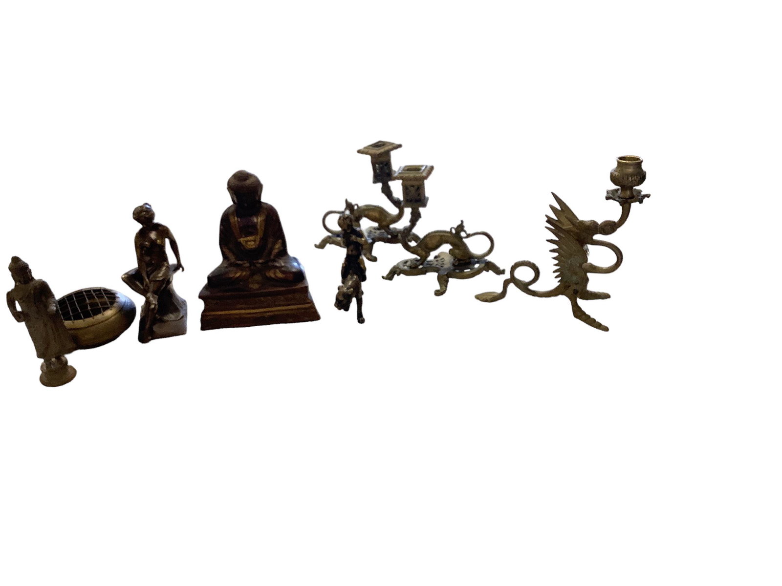 Metal Figurines and (3) Dragon Candle Holders: Metal Figurines and (3) Dragon Candle Holders Includes a Buddha, 7.25îH, a partially nude sitting woman, 5.75îH, a cherub riding a tiger, 4.75îH, an incense burner and a 6îH figuri
