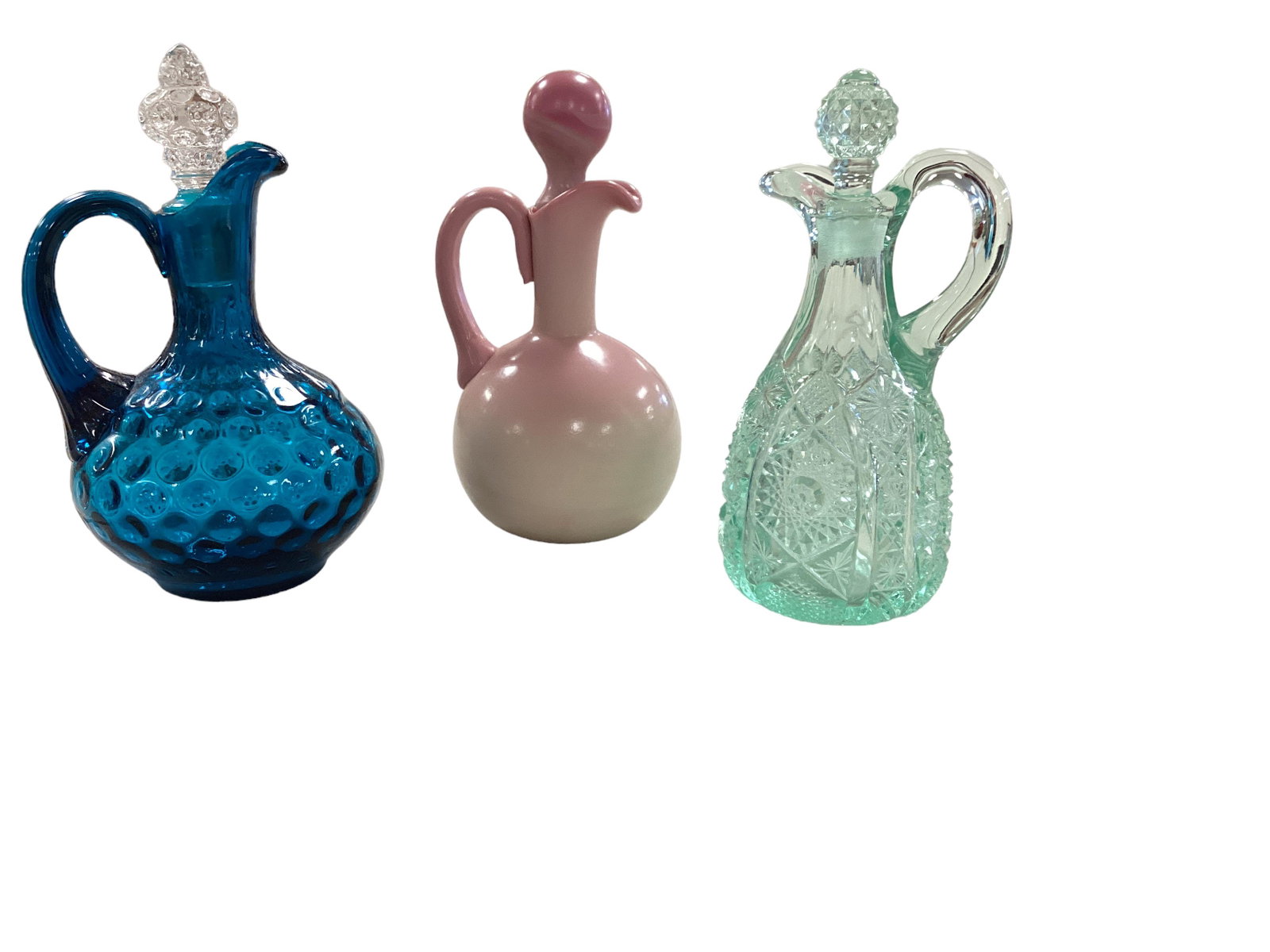 (3) Lovely Glass Cruets: (3) Lovely Glass Cruets Aqua coin glass, light green pressed glass and opaque peach blow 7î