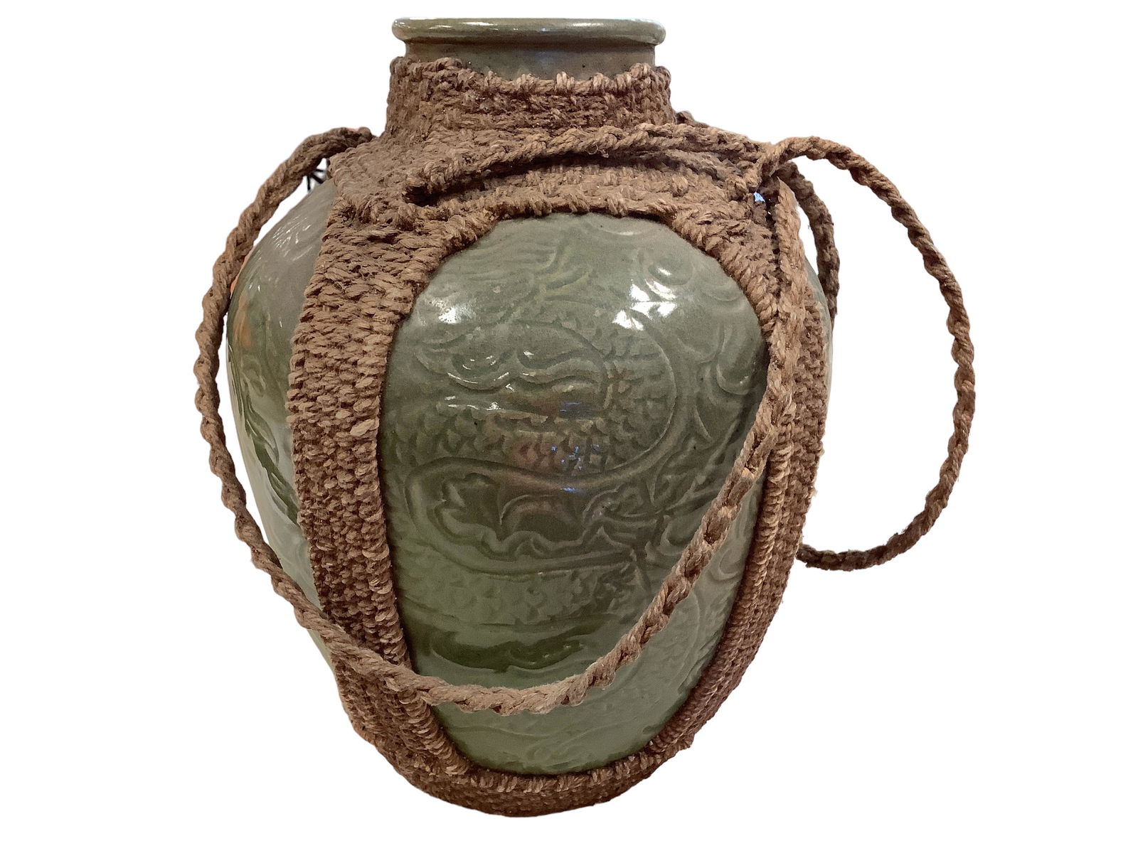 Mid Century Green Vase with Macrame Wrap (1 of 2)