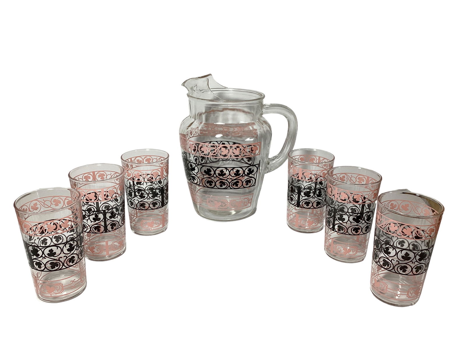 Mid Century Modern Pink & Black Glass Beverage Set (1 of 1)