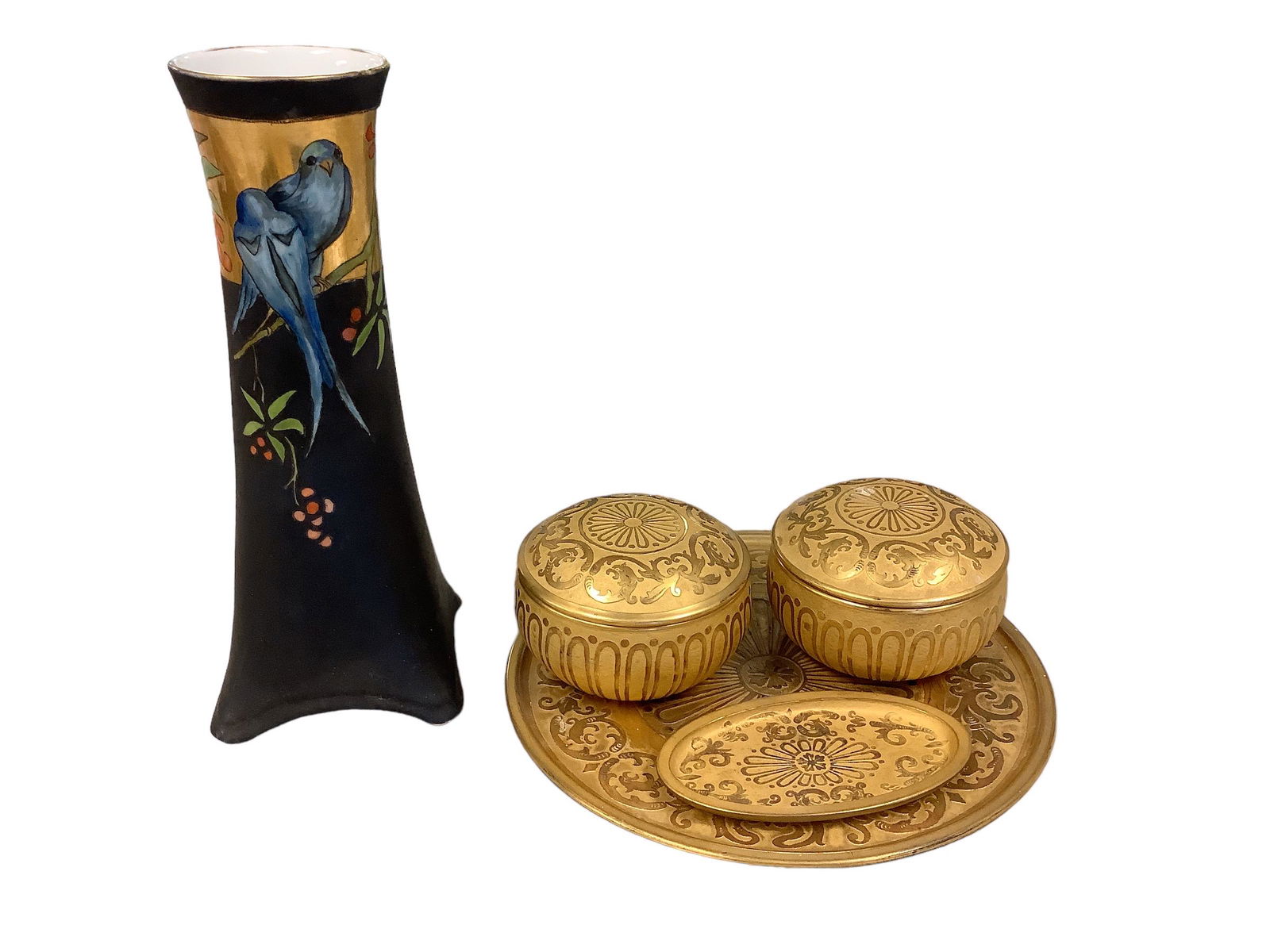 A Black Art Noveau Love Bird Vase and a Gold Encrusted Glass Dresser Set (1 of 1)