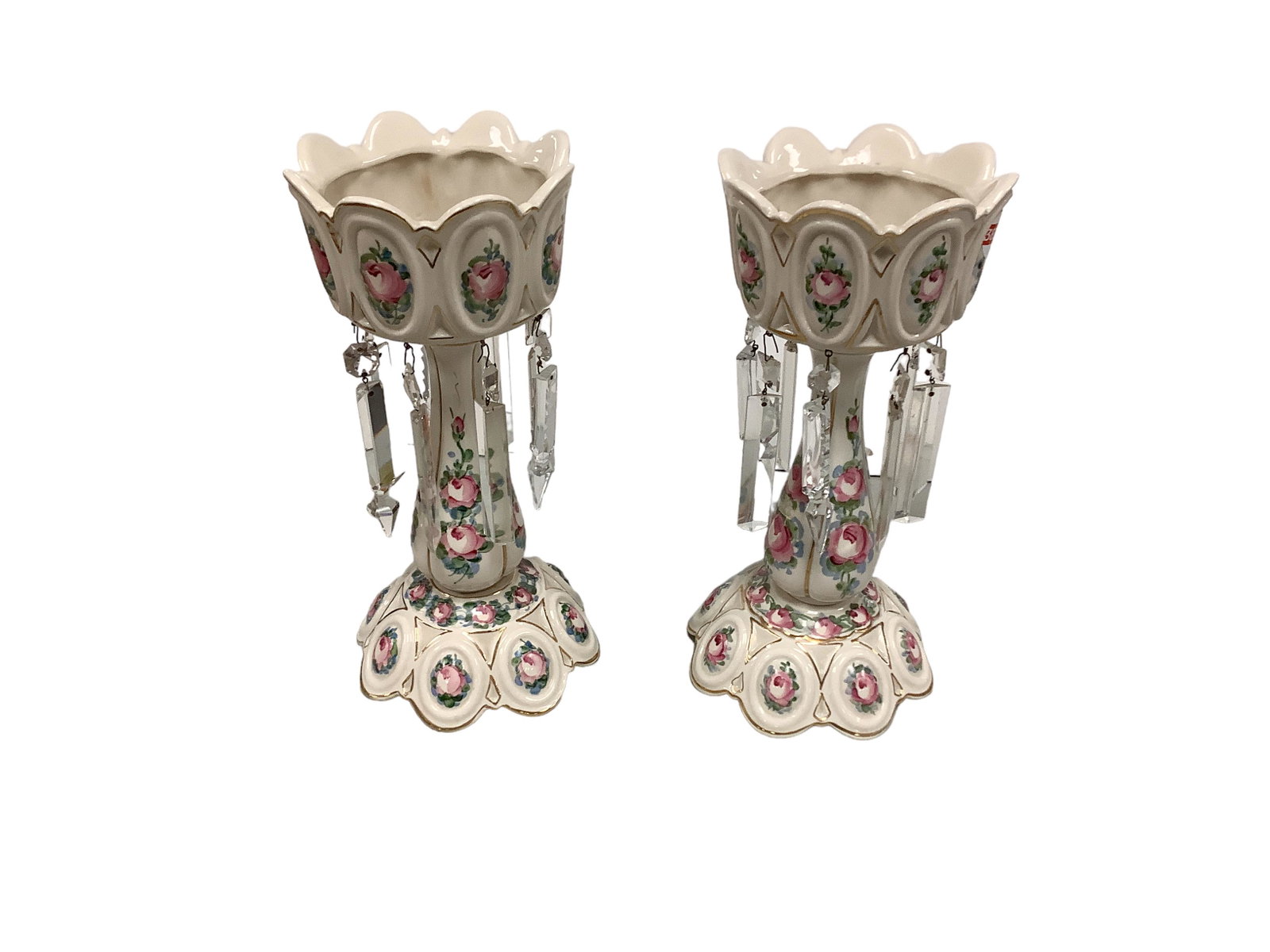 China Mantel Lusters: China Mantel Lusters Hand painted Roses. 13îH top opening 6î . 16 prisms different.