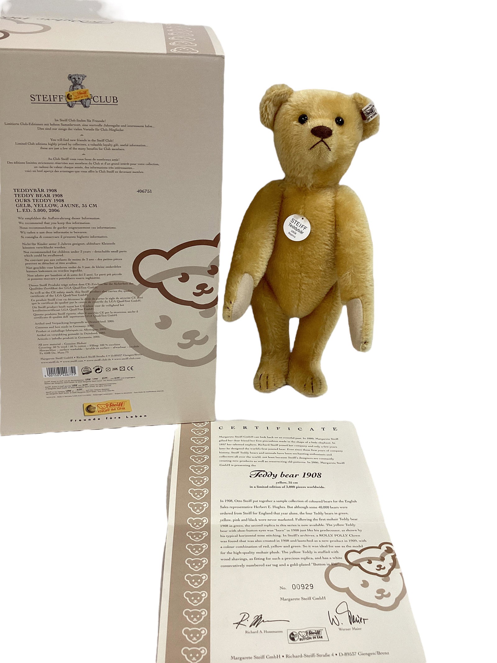 Steiff Replica ìTeddy Bear 1908î: Steiff Replica ìTeddy Bear 1908î Yellow mohair, 13î tall, #929 of limited edition of 3000 worldwide. Button eyes, box, paper chest tag, growler, button in ear, COA.