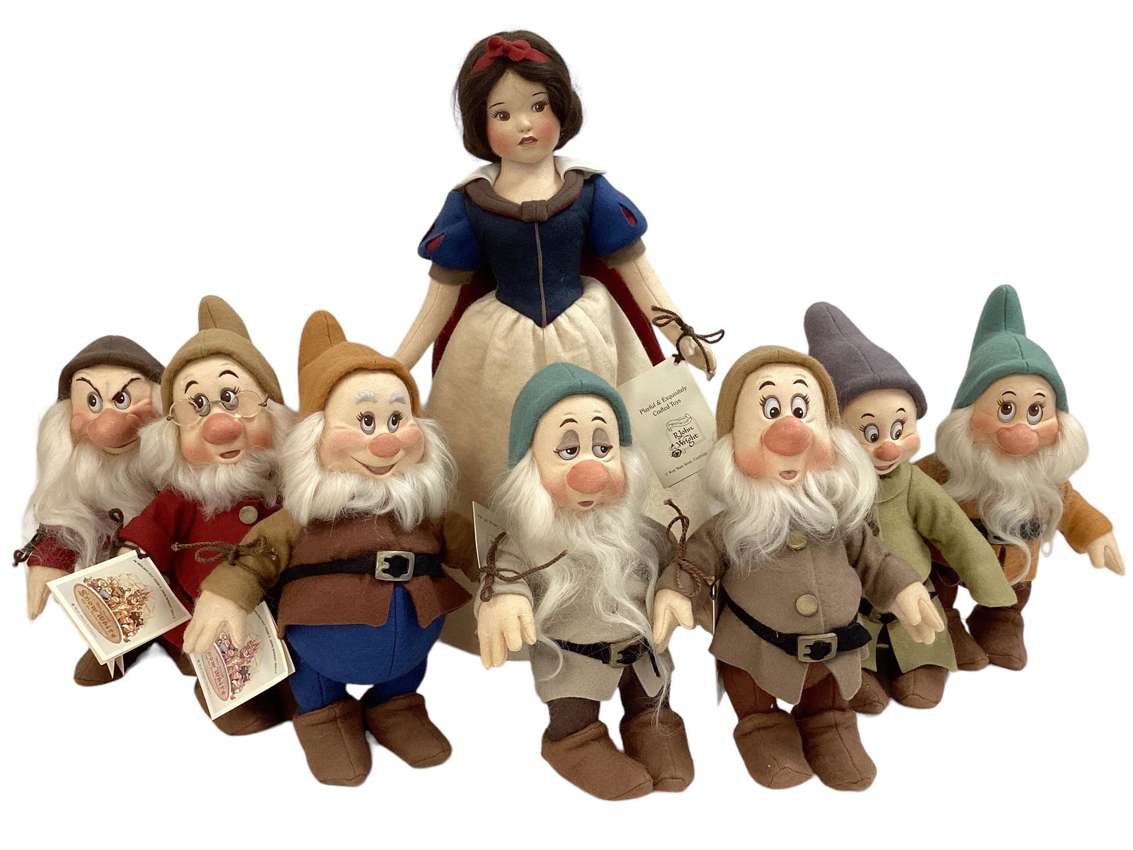 Snow White and the Seven Dwarfs by R. John Wright: Snow White and the Seven Dwarfs by R. John Wright Includes 16" all wool felt "Princess Snow White" with molded and painted head, mohair wig, on five-piece body; and the Seven Dwarfs (Doc, Happy, Sleep