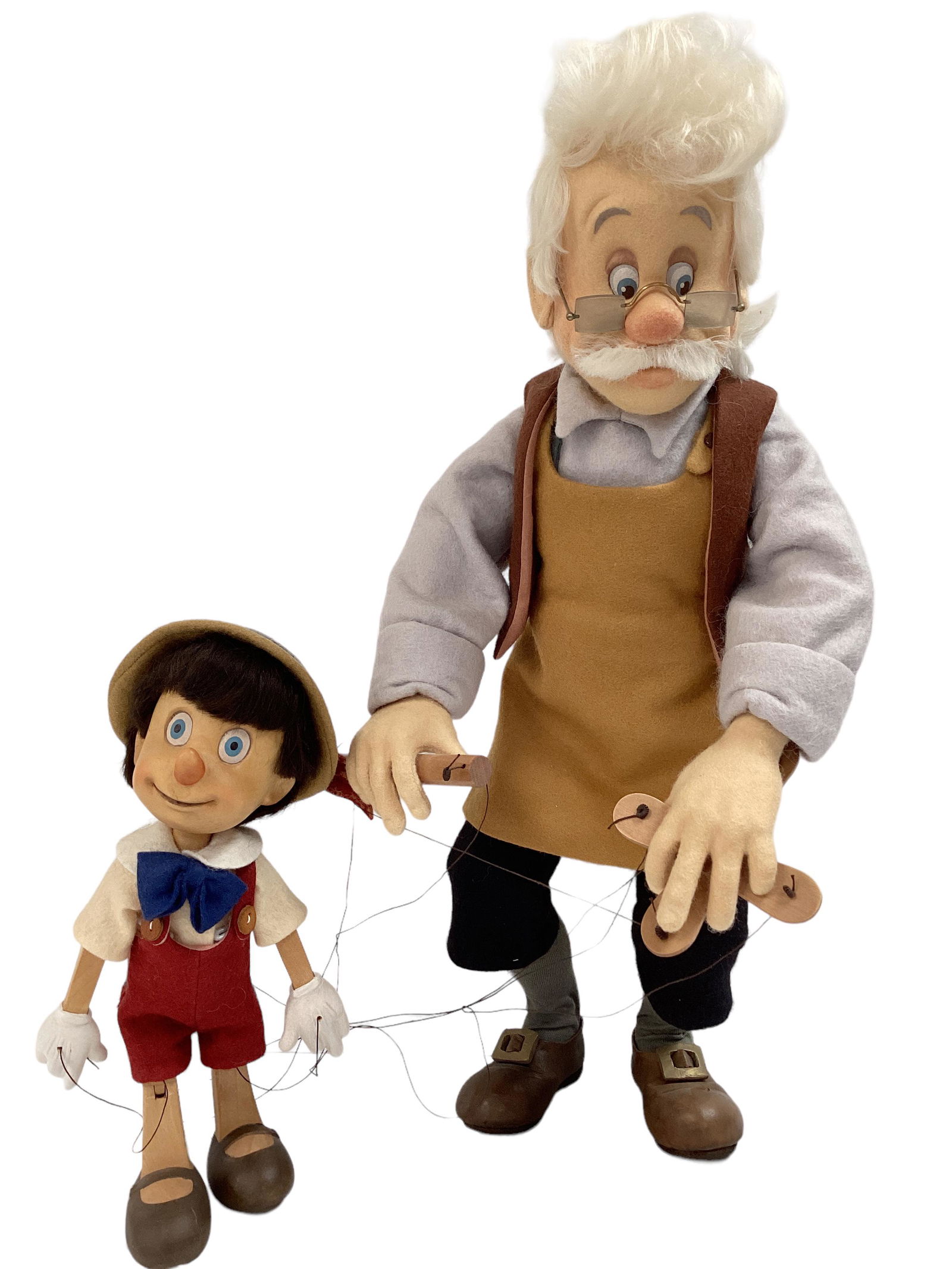 Series I "Geppetto and Pinocchio" by R. John Wright: Series I "Geppetto and Pinocchio" by R. John Wright Includes 17" Geppetto with wool felt head, molded and painted facial features, applied ears, mohair wig and mustache, on wool felt body jointed at t