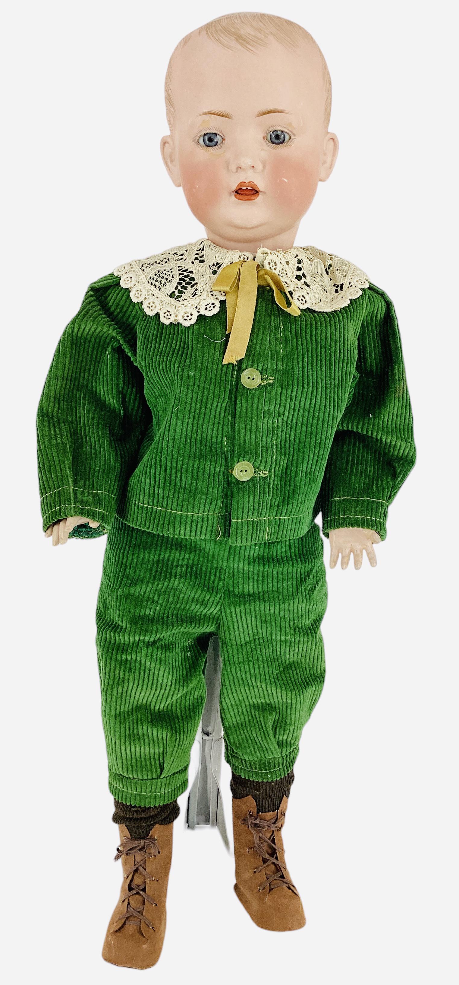 Bahr & Proschild 619 Bisque Socket Head Character Toddler: Bahr & Proschild 619 Bisque Socket Head Character Toddler 23 1/2" solid dome boy with molded and painted hair, set glass eyes, open mouth with teeth, on fully jointed composition toddler body. Several