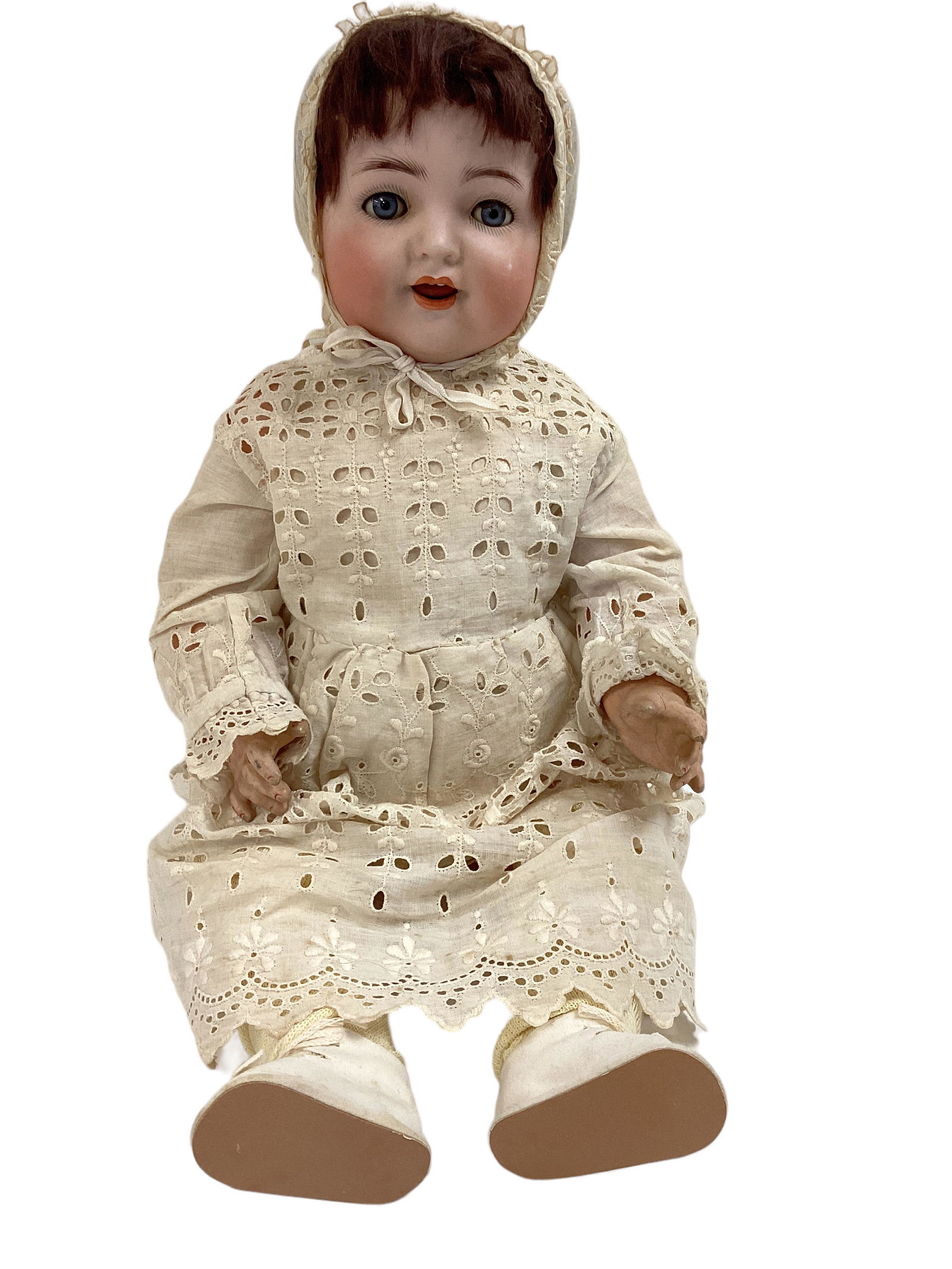 K&R Simon & Halbig Bisque Socket Head Character Baby: K&R Simon & Halbig Bisque Socket Head Character Baby 20" doll with original mohair wig, glass sleep eyes, open mouth with teeth, on five-piece composition bent limb baby body. Bisque has no apparent d
