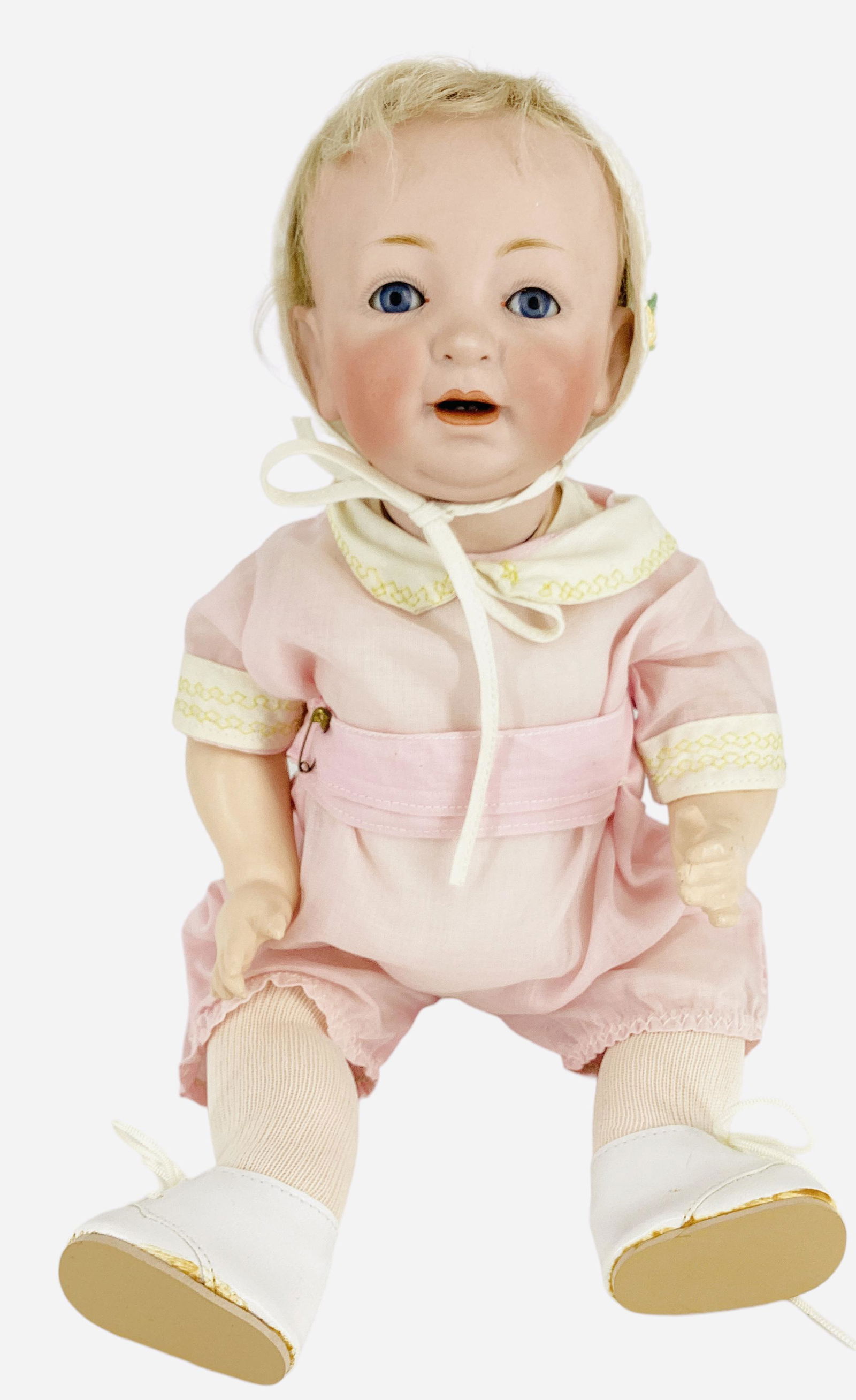 Kestner J.D.K. 211 Bisque Socket Head Character Baby: Kestner J.D.K. 211 Bisque Socket Head Character Baby 14 1/2" doll with mohair wig, glass sleep eyes with eyelashes, open mouth with teeth, on five-piece composition bent limb baby body. Wig glued on a