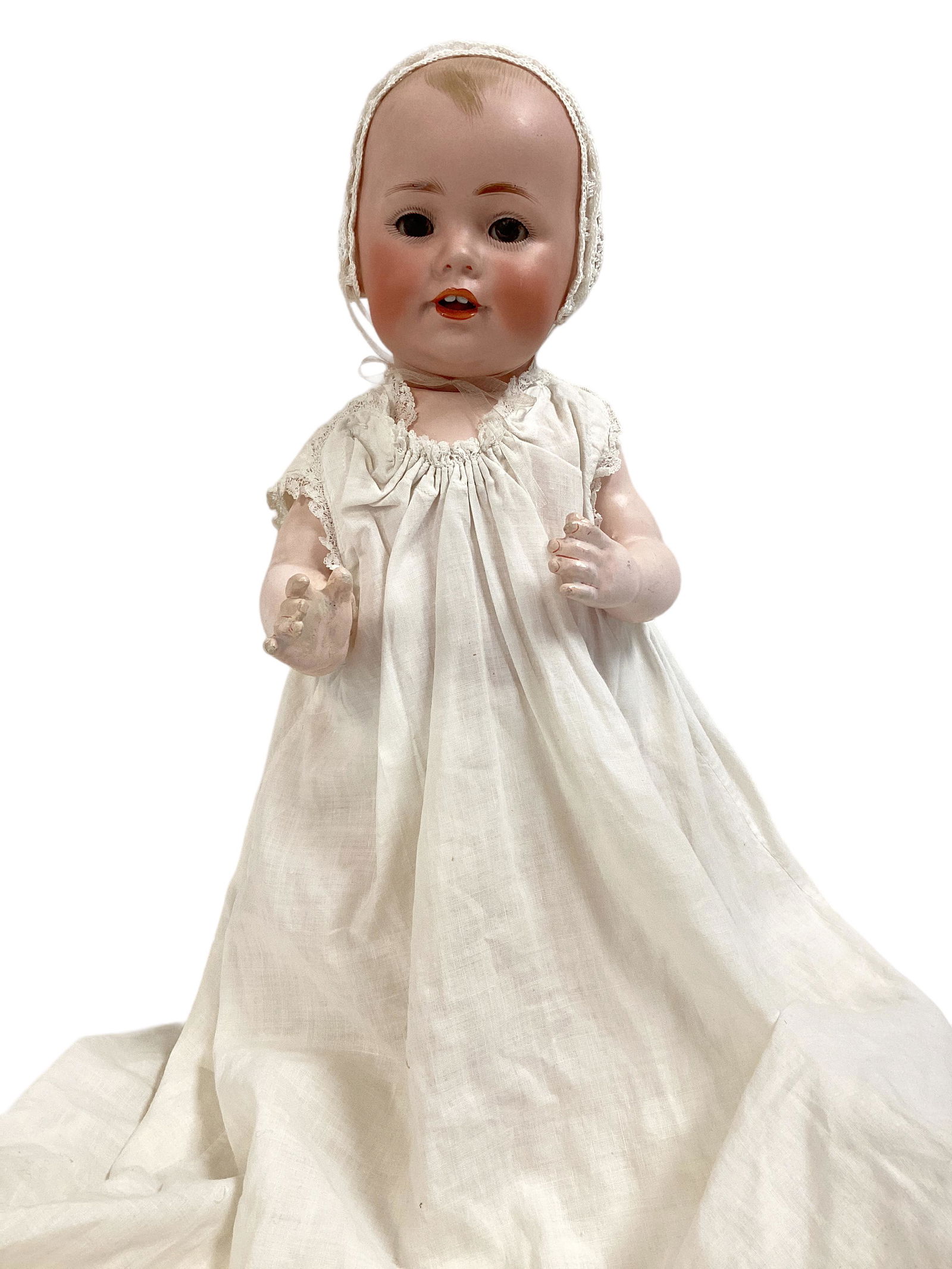 Kestner J.D.K. Bisque Socket Head Character Baby: Kestner J.D.K. Bisque Socket Head Character Baby 14" solid dome doll with molded and painted hair, glass sleep eyes with eyelashes, open mouth with teeth, on five-piece composition bent limb baby body