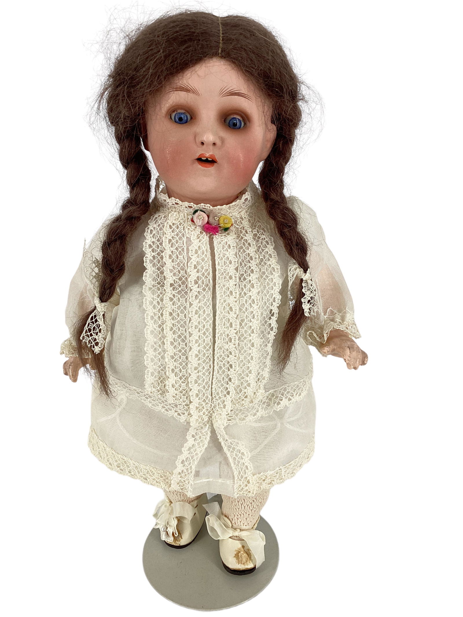 Heubach Koppelsdorf 320 Painted Bisque Socket Head Girl: Heubach Koppelsdorf 320 Painted Bisque Socket Head Girl 10" doll with mohair wig, glass sleep eyes, pierced nostrils, open mouth with teeth, on five-piece composition toddler body. Paint is flaking un