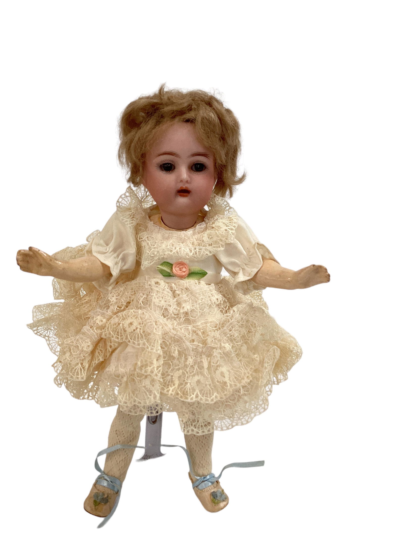 Simon & Halbig K&R Bisque Socket Head Girl: Simon & Halbig K&R Bisque Socket Head Girl 9 1/2" doll with mohair wig, glass sleep eyes, open mouth with teeth, on five-piece flapper-type composition body. Bisque has no apparent damage, nice finish