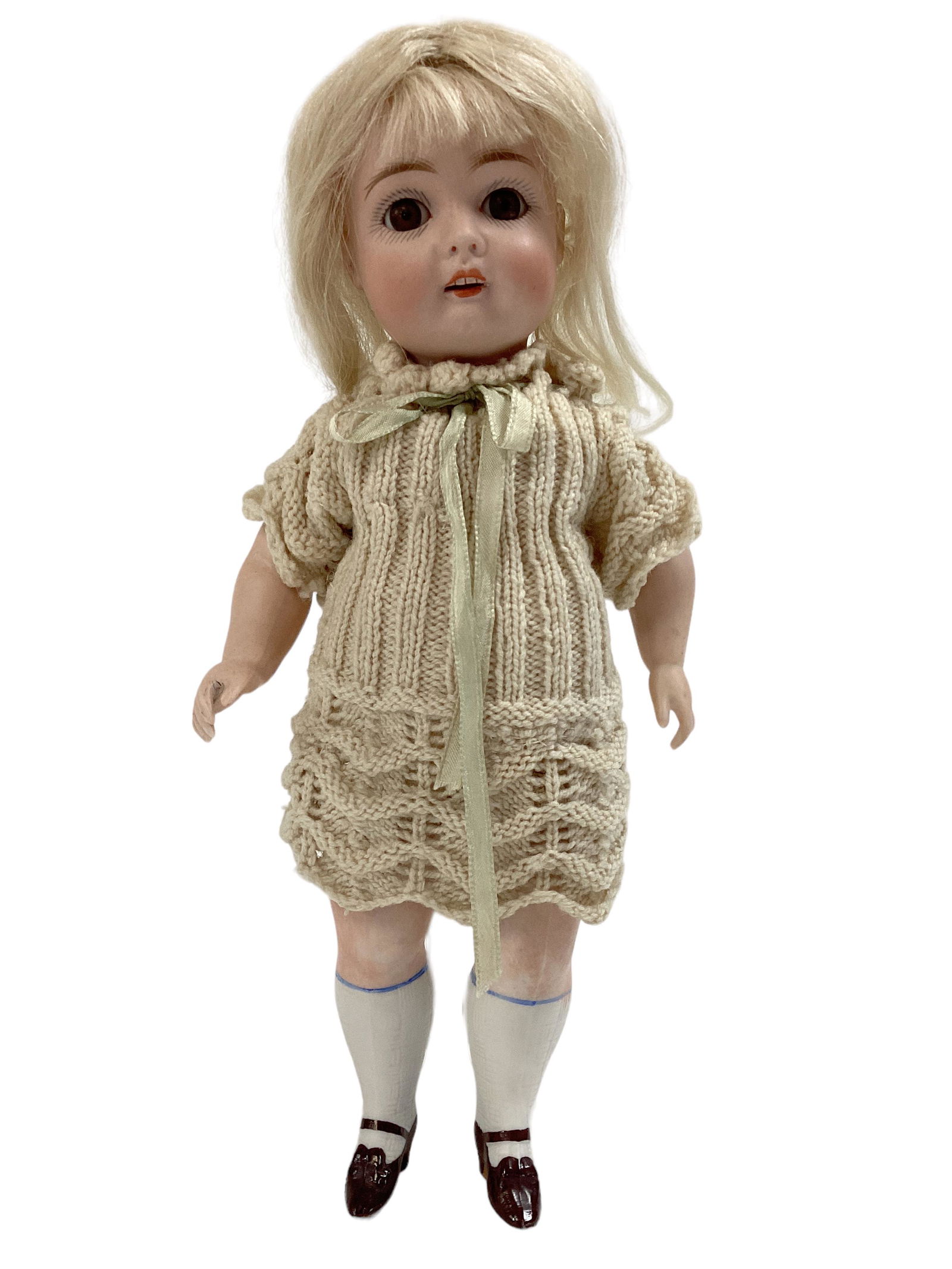 Kestner All Bisque Girl Marked 167: Kestner All Bisque Girl Marked 167 9 1/2" doll peg jointed at the neck, shoulders and hips, mohair wig over intact plaster pate, glass sleep eyes, open mouth with square cut teeth, molded and painted