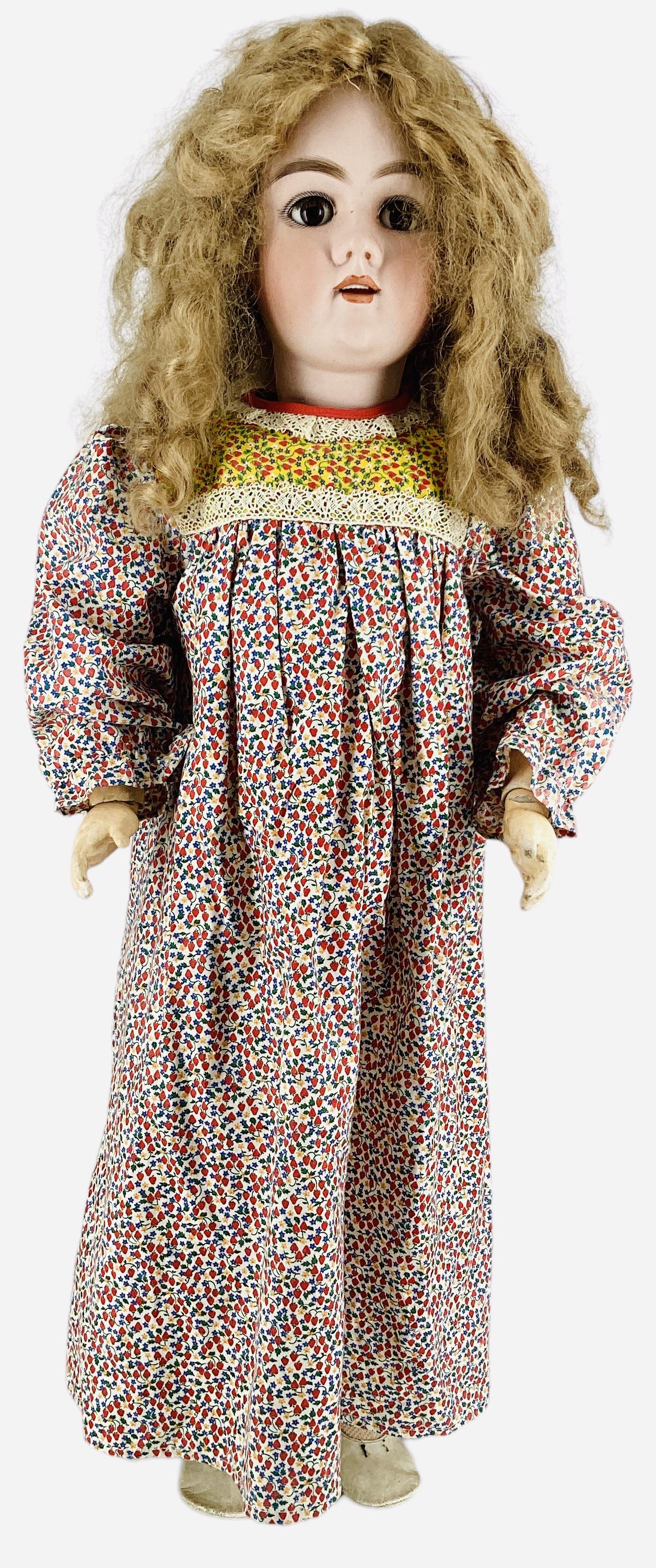 Heinrich Handwerck 99 Bisque Socket Head Girl: Heinrich Handwerck 99 Bisque Socket Head Girl 32" doll with replaced wig, glass sleep eyes, pierced ears, open mouth with teeth, on jointed composition body stamped "Handwerck" on lower rear torso. Bi