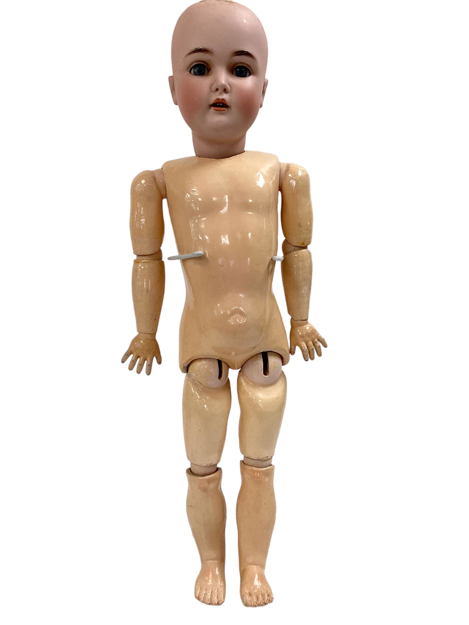 Kestner 171 Bisque Socket Head Girl: Kestner 171 Bisque Socket Head Girl 24 1/2" doll with intact plaster pate (no wig), glass sleep eyes, open mouth with teeth, on jointed composition body stamped "Germany 5" on lower rear torso. Bisque