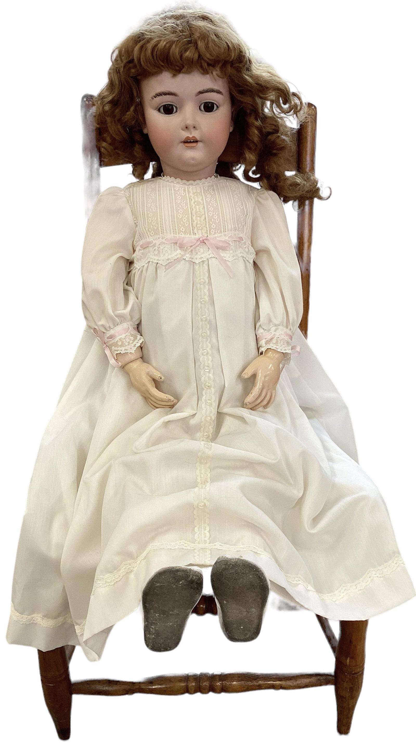 Heinrich Handwerck 79 Bisque Socket Head Girl: Heinrich Handwerck 79 Bisque Socket Head Girl 37" doll with mohair wig, glass sleep eyes, pierced ears, open mouth with teeth, on jointed composition body. Bisque has no apparent damage. Chair is not