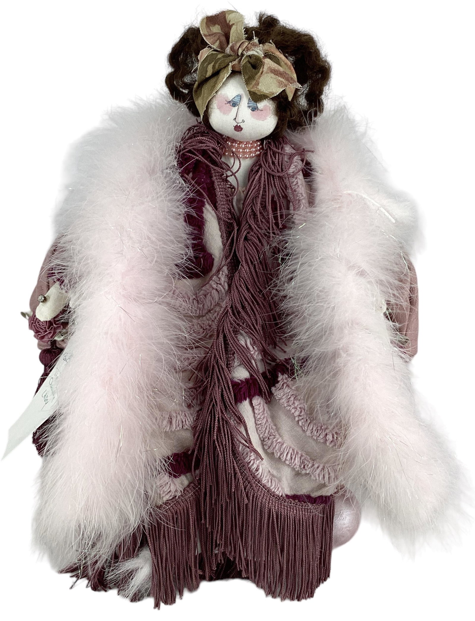 The Chenille Lady by Doll artist Jill Krasner: The Chenille Lady by Doll artist Jill Krasner 15 1/2" all cloth doll with applied mohair wig, painted facial features, stitch jointed body with sewn-on arms. Doll is dressed in a chenille robe with fr