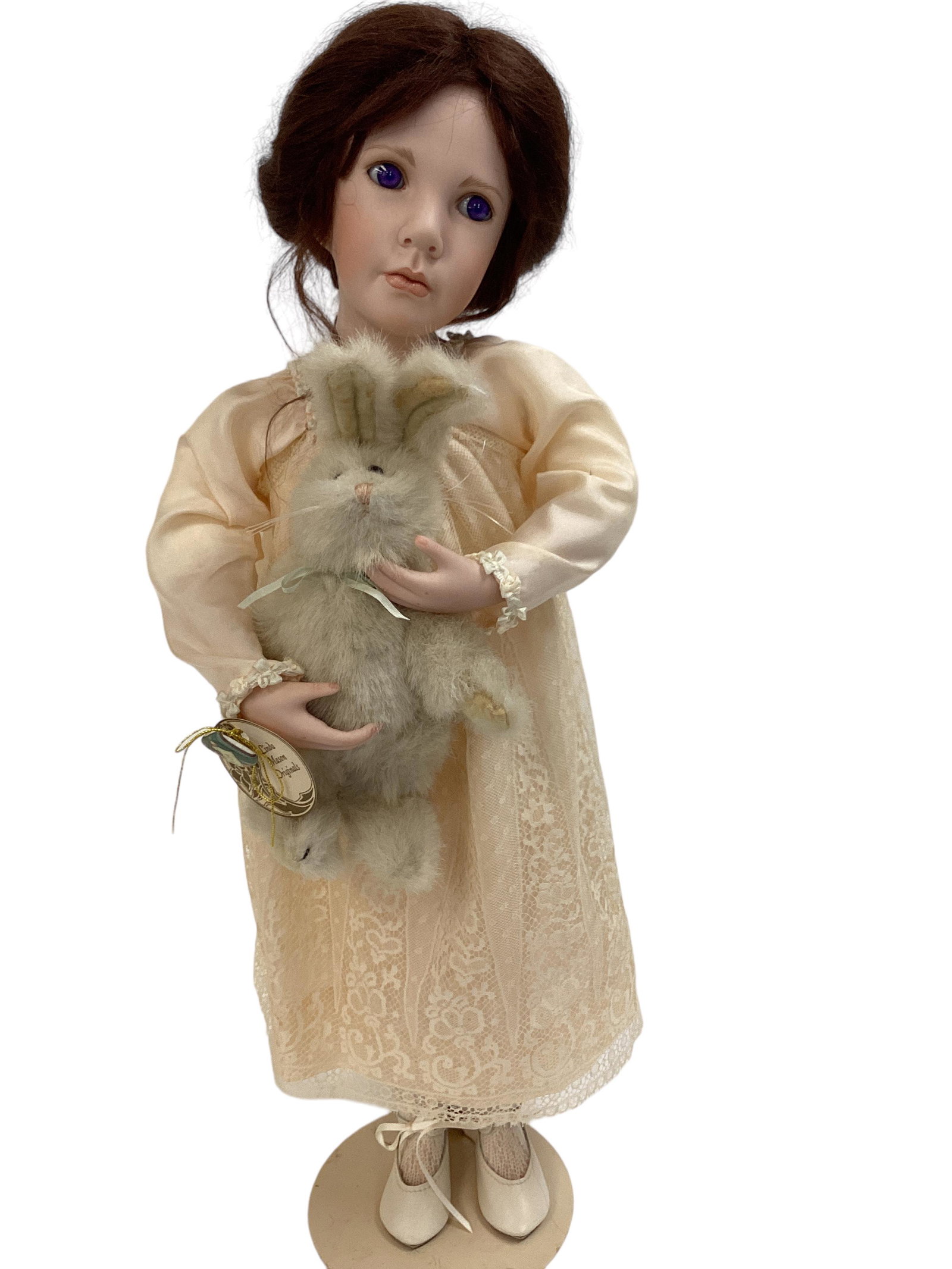 Artist Doll "Erica" by Linda Mason: Artist Doll "Erica" by Linda Mason 18" doll with porcelain turned shoulder head, mohair wig, inset glass eyes, on cloth over wire body with porcelain lower arms and legs. Erica carries her toy rabbit.