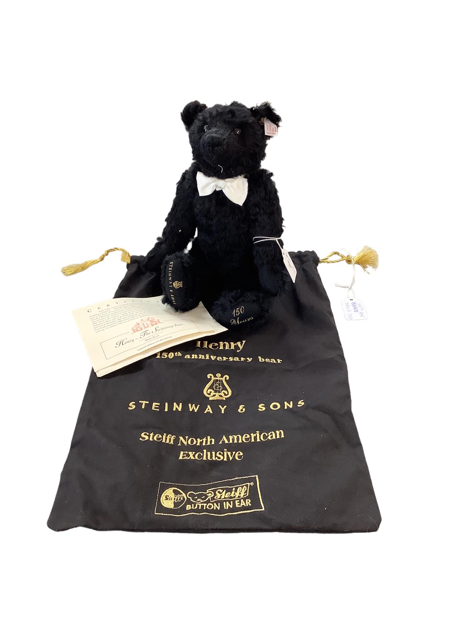Steiff ìHenry - The Steinway Bear, North American Exclusive: Steiff ìHenry - The Steinway Bear, North American Exclusive ìHenryî celebrates 150 years of piano maker Steinway & Sons. Limited Edition #549/ 1853 pieces. 12-1/2î tall, black curl