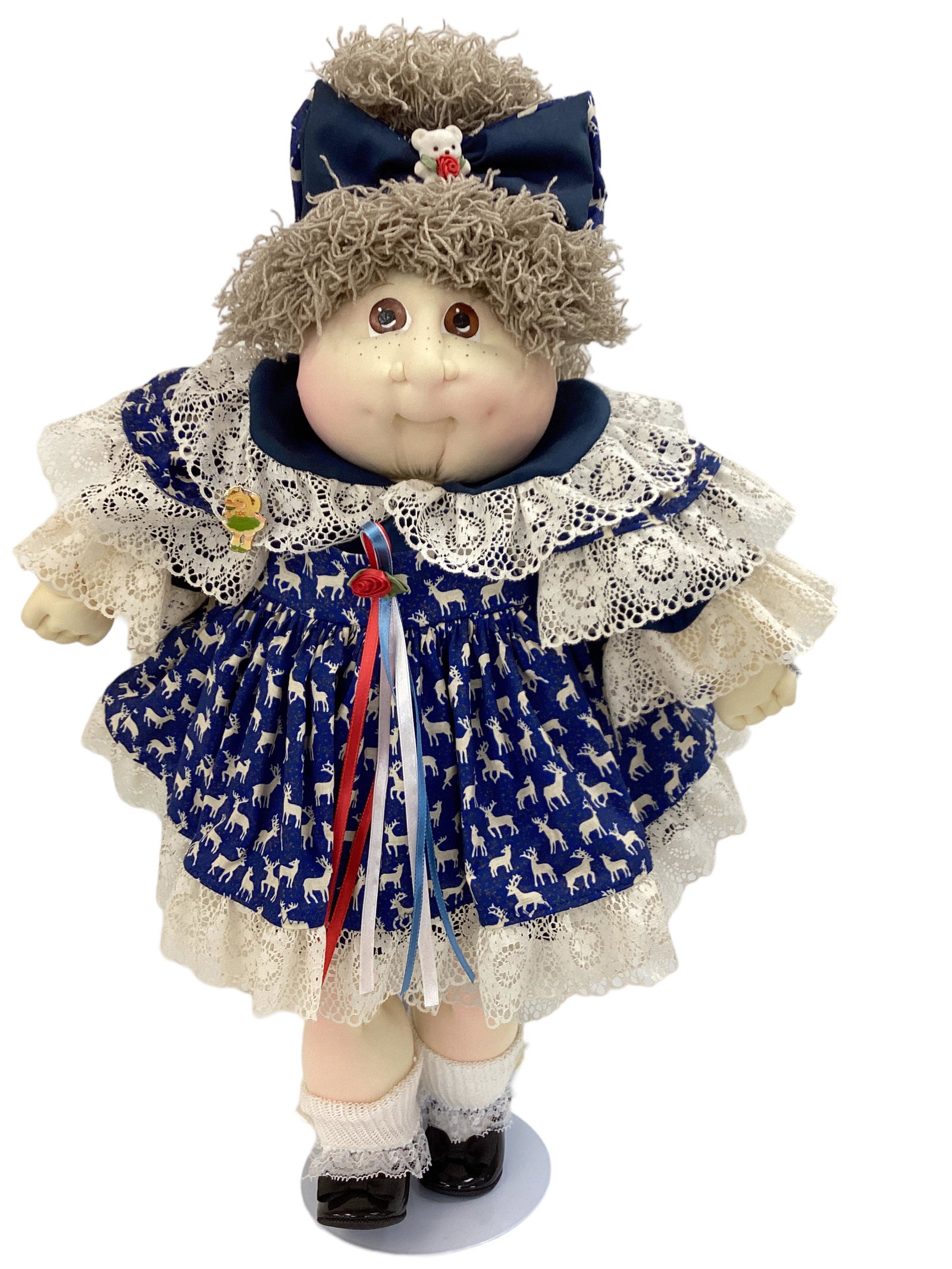 1988 Aquamarine Edition Cabbage Patch Kid: 1988 Aquamarine Edition Cabbage Patch Kid Gertrude Paula wears a blue & cream lace outfit with an apron, blouse, bloomers & shiny black shoes. She has brown eyes, freckles, ears, two dimples & closed