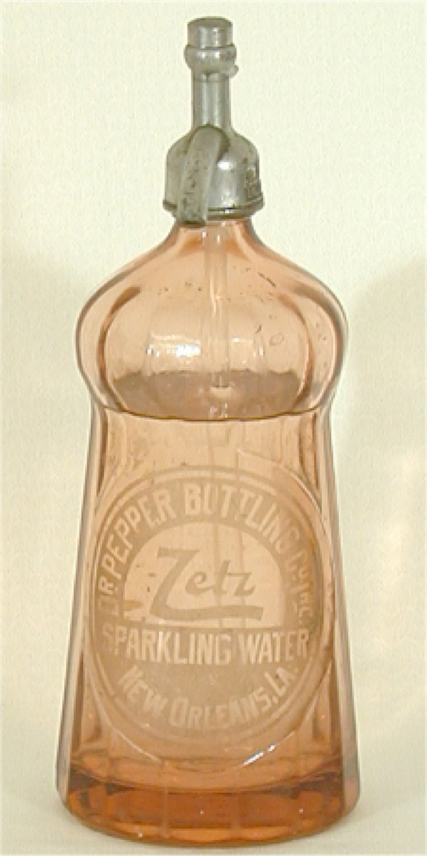 PINK GLASS SELTZER BOTTLE W/DR PEPPER: PINK GLASS SELTZER BOTTLE W/DR PEPPER NEW ORLEANS ADVERTISEMENT 12"H