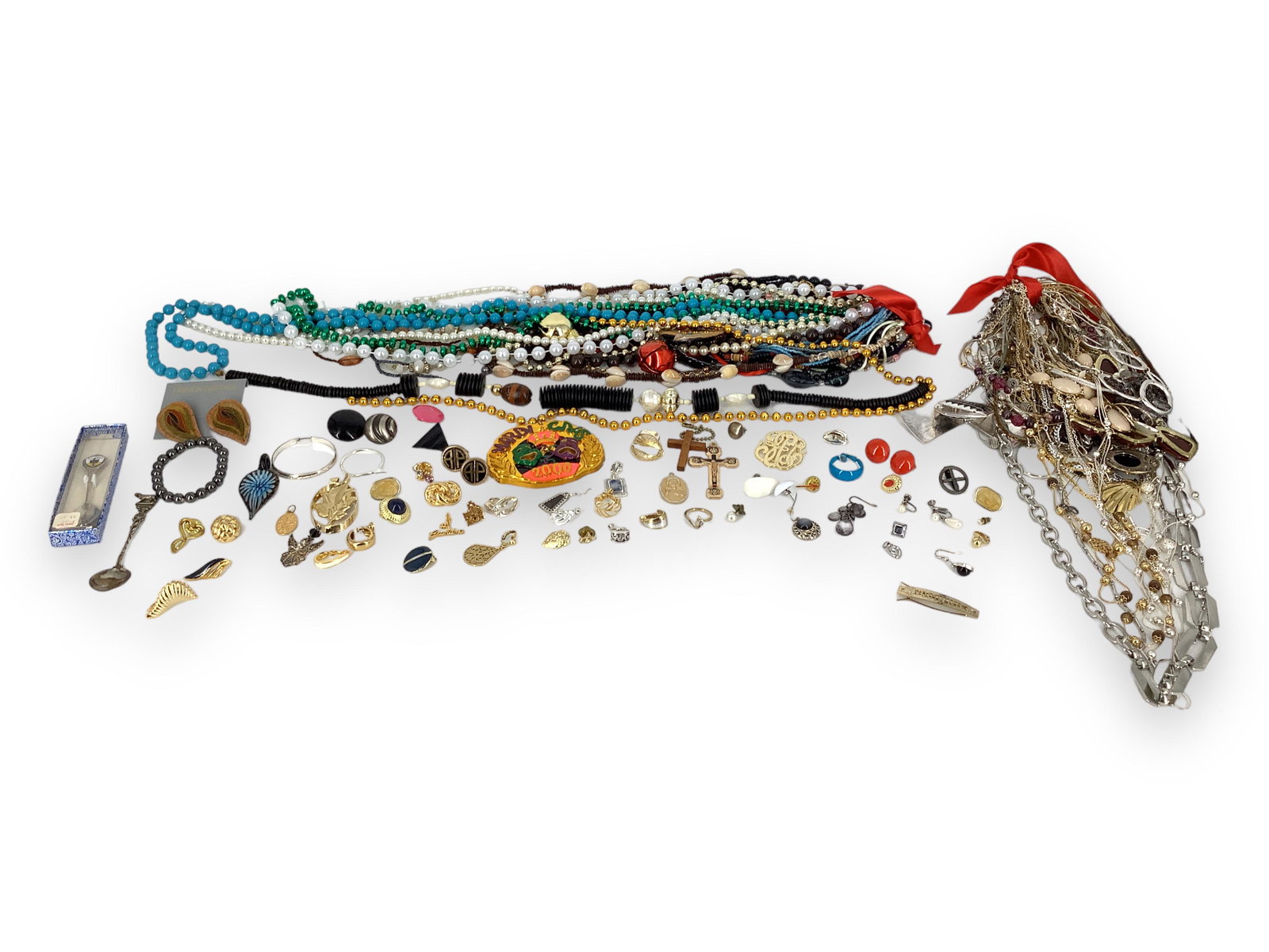 Over 55 Bead and Chain Necklaces, Other: Over 55 Bead and Chain Necklaces, Other Necklaces include faux pearls, chains with stone and plaque decor, a Hematite bead stretch bracelet, sterling souvenir 4 1/2î long spoon which has ìRO