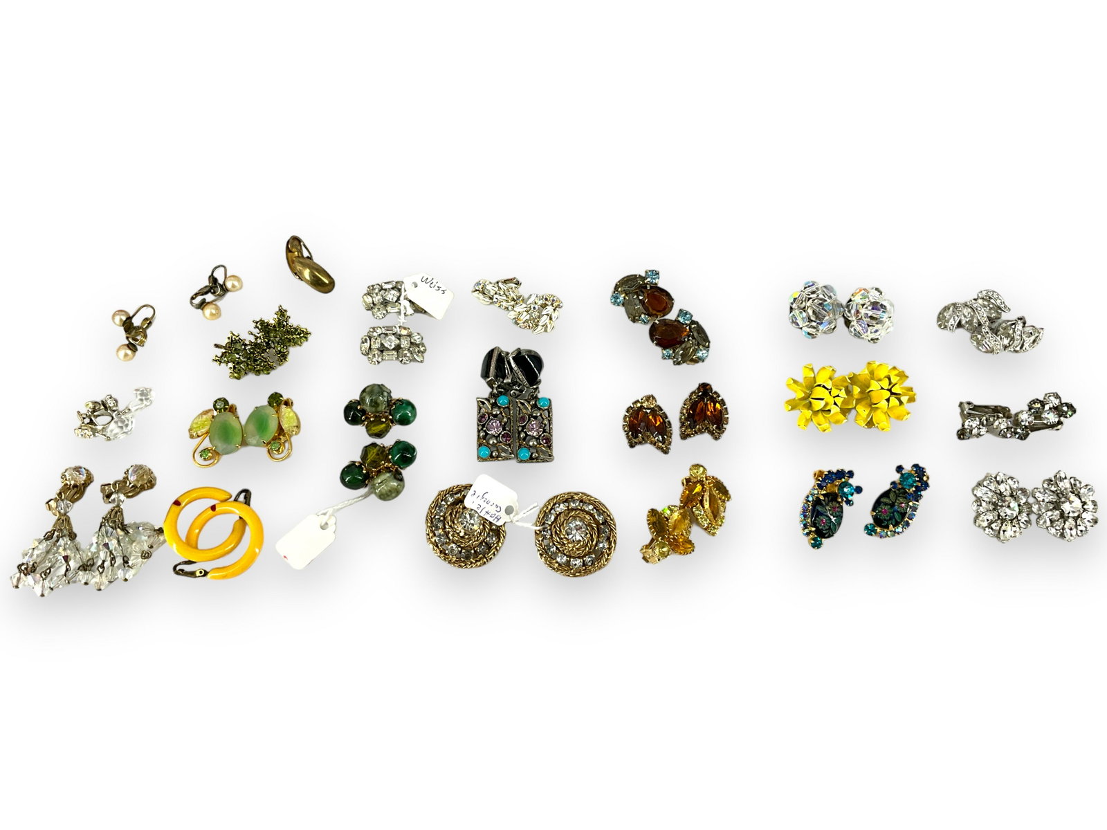 Fill Your Jewelry Box: Over 17 Vintage Costume Clip Back Earrings: Fill Your Jewelry Box: Over 17 Vintage Costume Clip Back Earrings Includes signed ìWeissî crystal earrings, a pair of ìHattie Carnegieî signed crystal earrings, yellow metal flower