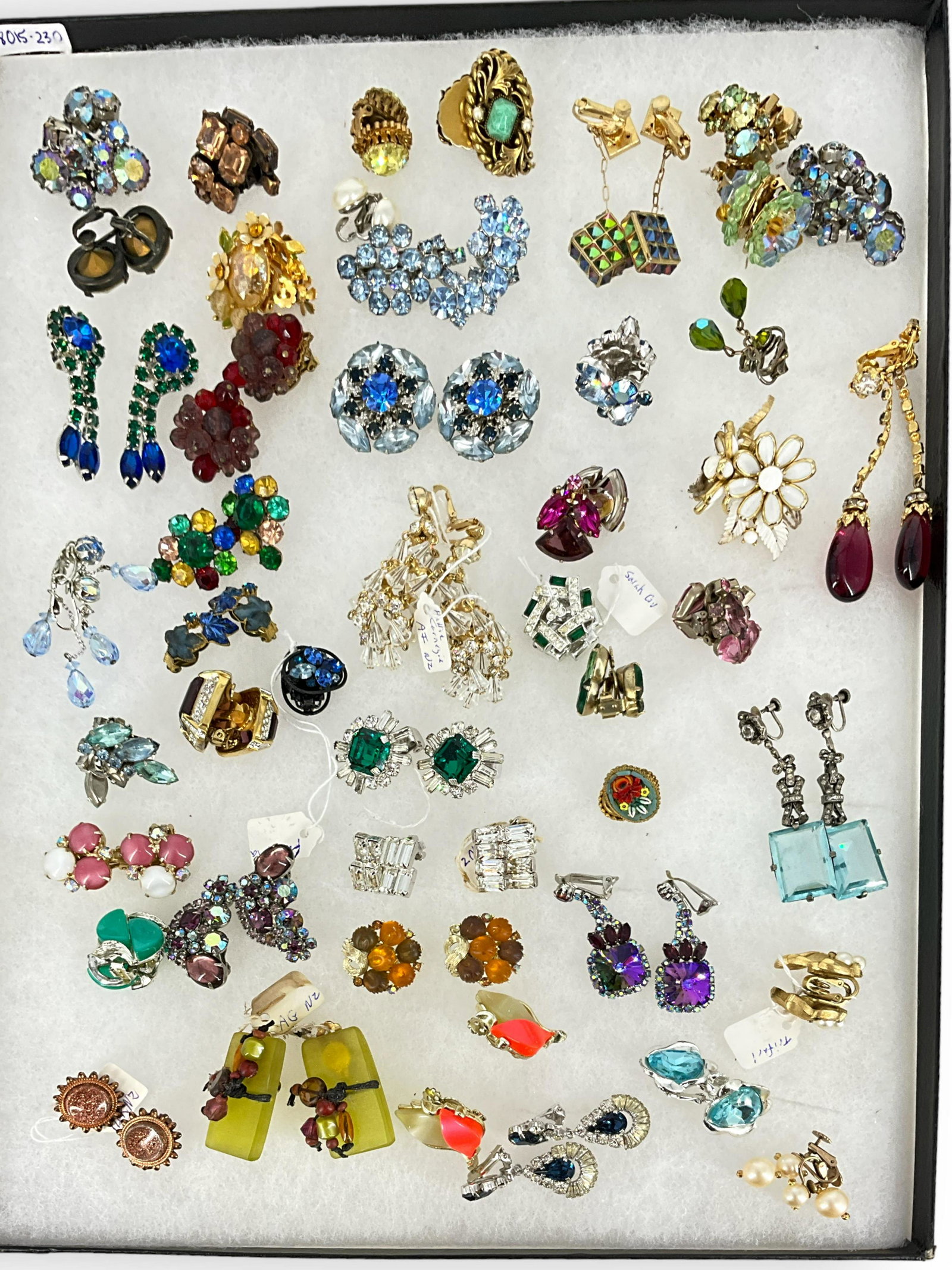 Vintage Costume Clip Back Earrings, Over 40 Pair Including Weiss and Hattie Carnegie: Vintage Costume Clip Back Earrings, Over 40 Pair Including Weiss and Hattie Carnegie Gorgeous clear crystal earrings by popular designer Weiss, green and crystal earrings by Sarah Coventry, gold tone 