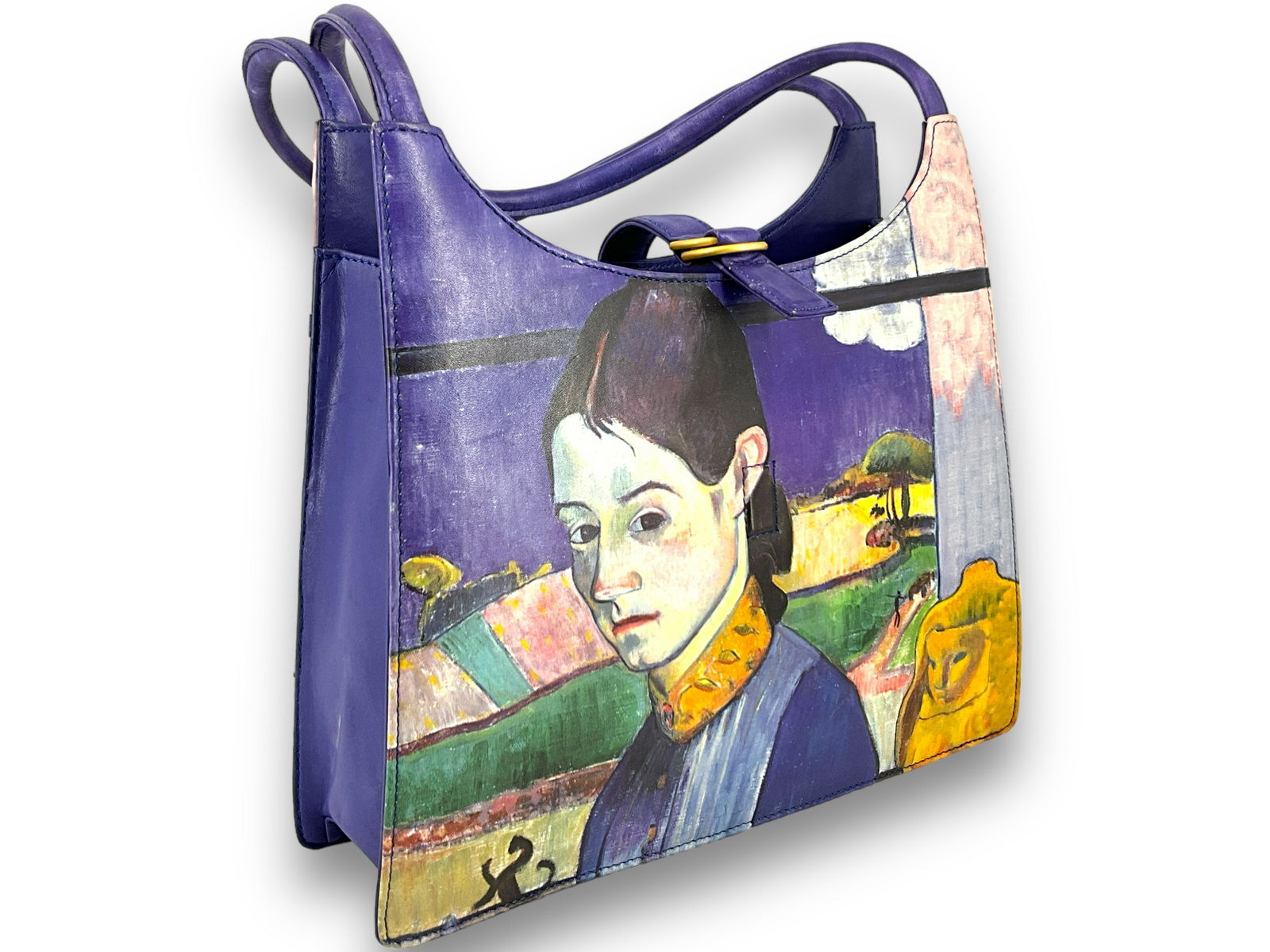 Jeon of Las Angeles Leather Handbag: Jeon of Las Angeles Leather Handbag Sleek design, gently used, featuring art from Paul Gauguin, titled ìyoung Breton Womenî - the body of the bag measures approx. (11î x 3î x 9.75&