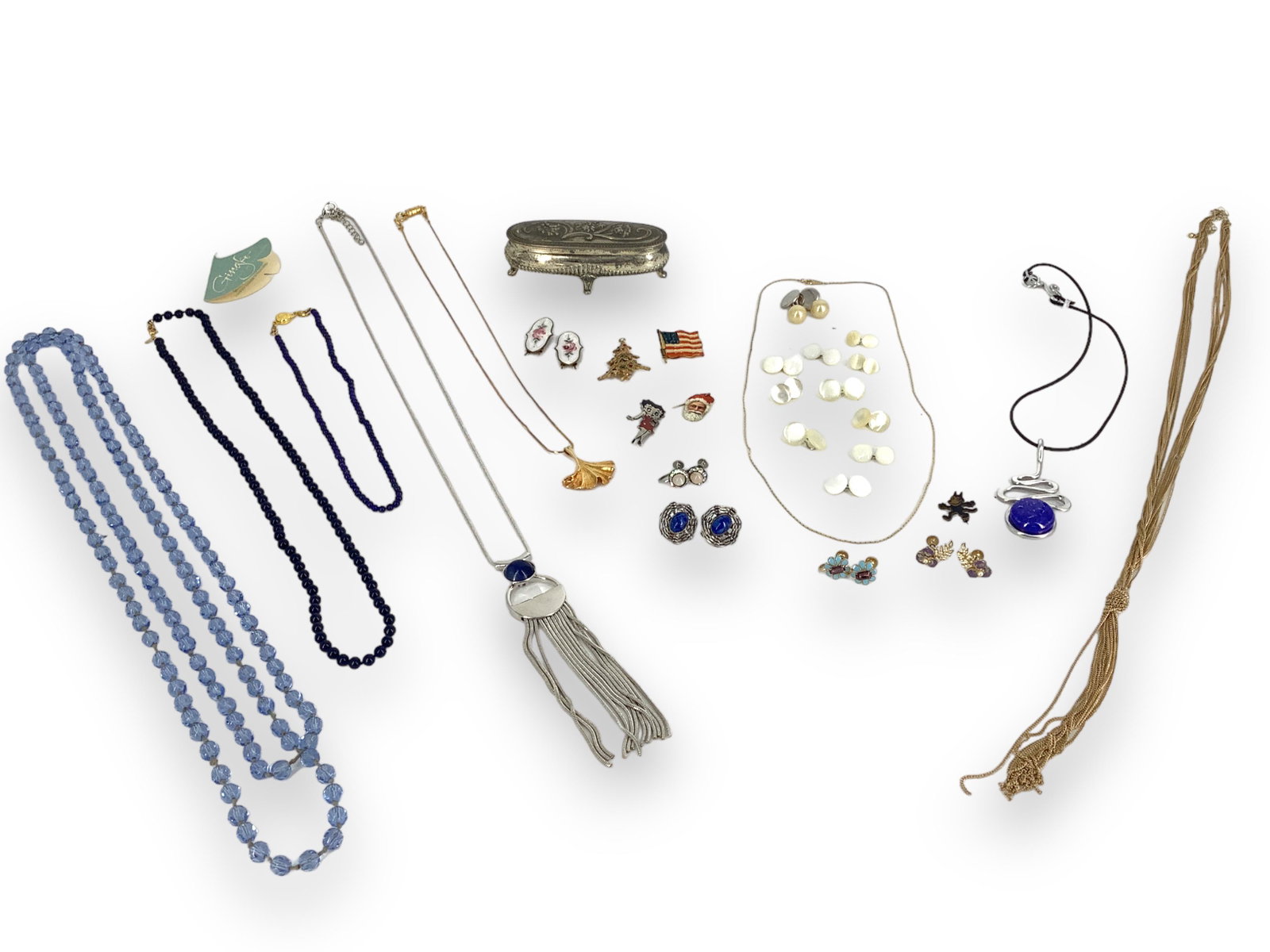 Desirable LotóSilver-Plated Box, Cartoon Pins and Vintage Jewelry: Desirable LotóSilver-Plated Box, Cartoon Pins and Vintage Jewelry Trinket box is marked ìSilver Plateî on bottom, lot also includes opera length blue crystal beads, a multi-strand gold-