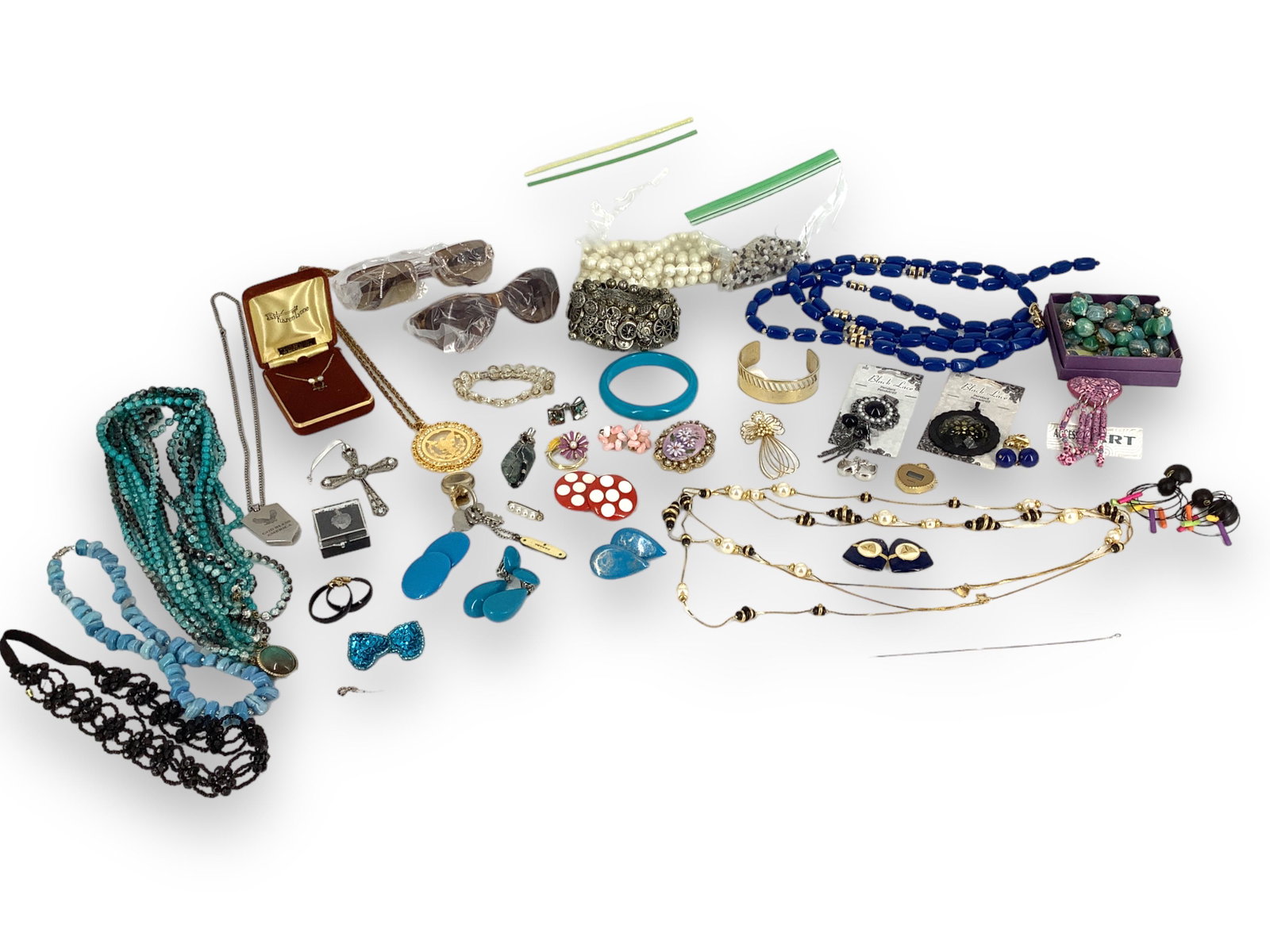 Costume Jewel Mix with Sunglasses!: Costume Jewel Mix with Sunglasses! Includes an owl necklace in original box with Opal eyes on a gold-filled chain, two pair of unused ladies sunglasses, bead necklaces, some for repair, clip-back earr