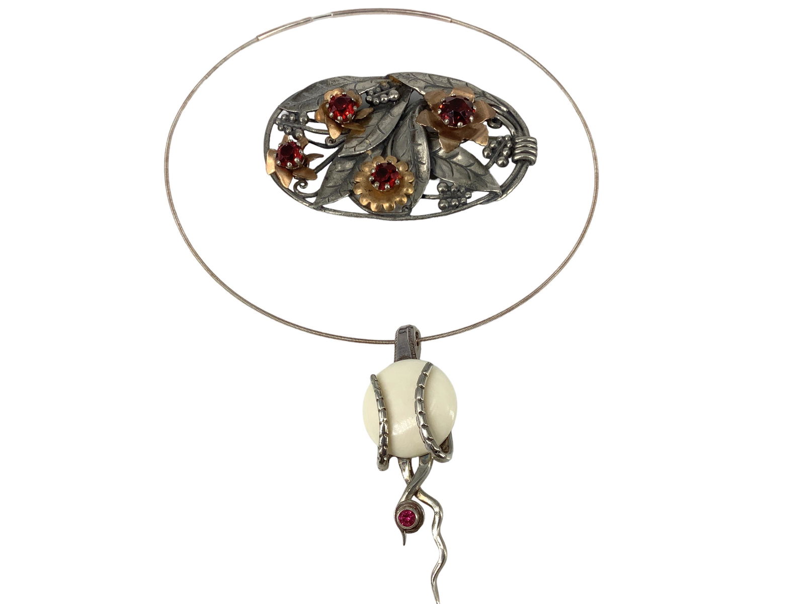 Modernist Silver Wire Necklace w/Pendant Drop & Great, Large Red-Stone Costume Pin (1 of 5)
