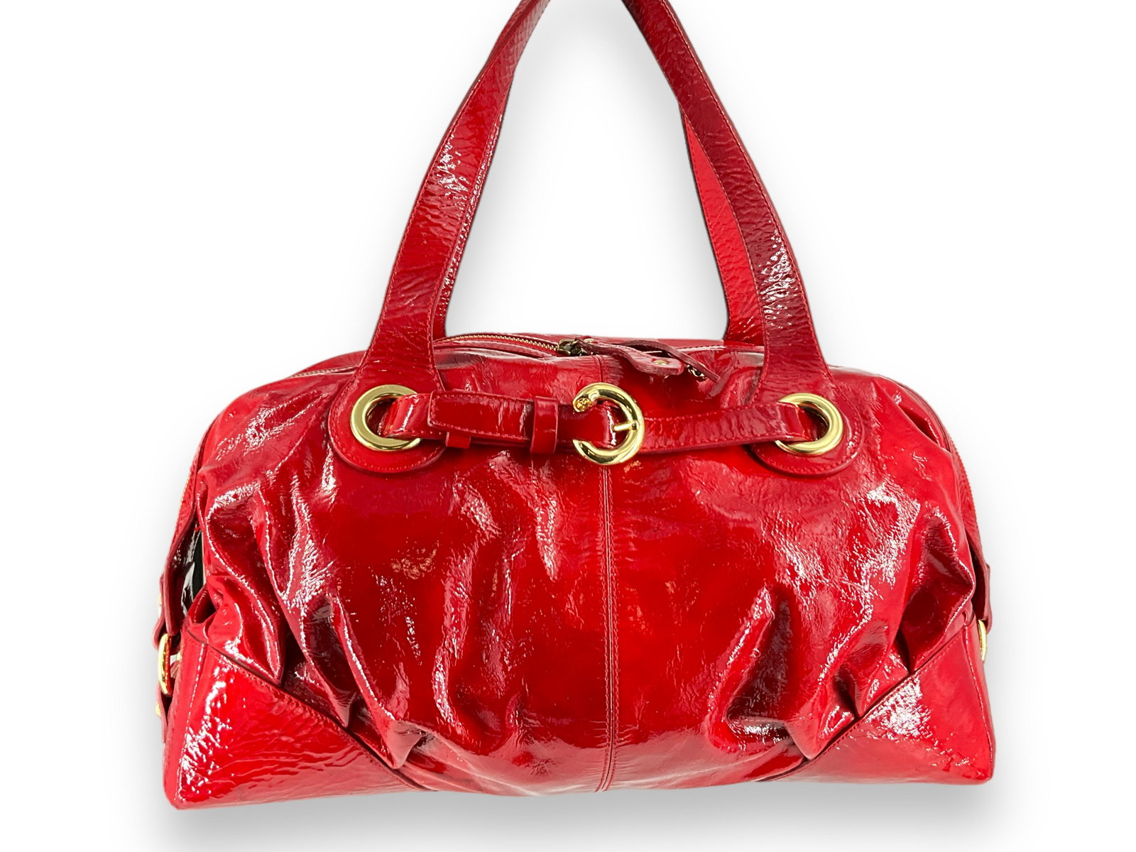 Francisco Biasia Handbag: Francisco Biasia Handbag Vibrant cherry red leather bag with polished gold tone hardware measuring approx. (16î x 6.5î x 11î) with drop of (8.25î) made in Bulgaria, overall gently 