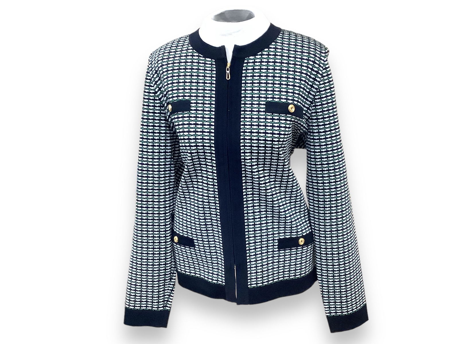 Exclusively Mistook Top: Exclusively Mistook Top White jacket with green and black overlay, and black trim. Zipper front and gold toned floral button faux pockets. Size M. 100% acrylic. Machine wash luke warm water, tumble dr