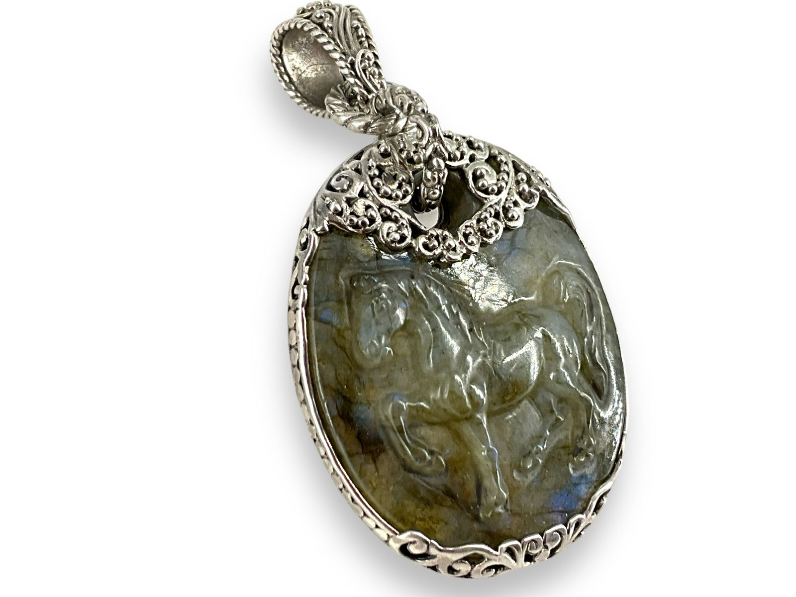 Modern Sterling Silver & Stone Pendant: Modern Sterling Silver & Stone Pendant With carved labradorite stone at center ft. figural horse motif, signed SARDA, stamped and tested sterling silver/925, 0.74 troy ounces total weight, 64.25mm in