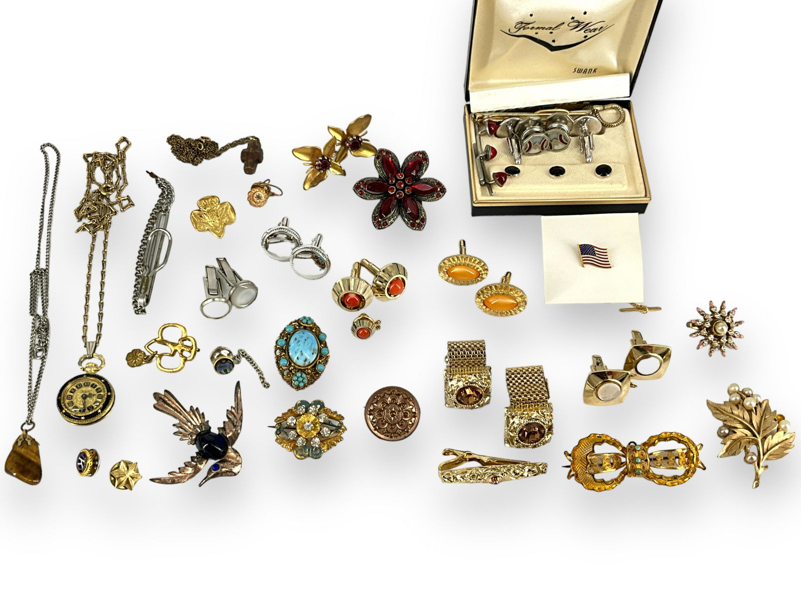 Swank Brand Cufflinks and Studs, Pendant Watch, Vintage Jewelry: Swank Brand Cufflinks and Studs, Pendant Watch, Vintage Jewelry In their original box are silver-tone ìSwankî cufflinks and studs with onyx, along with other ìSwankî and unmarked c