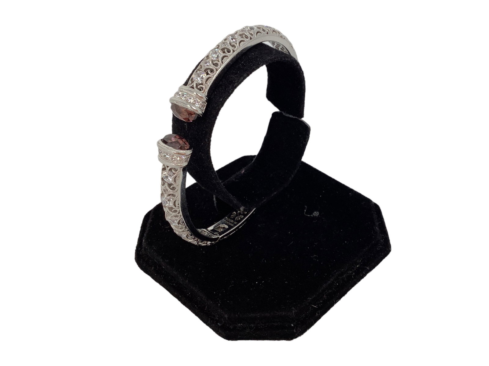 Sterling Silver Cuff: Sterling Silver Cuff Signed Tacori IV, made in China, stamped and tested 925/sterling silver, like-new condition, modern age, adorned with clear and purple CZ stones in surface mountings and at ends. 