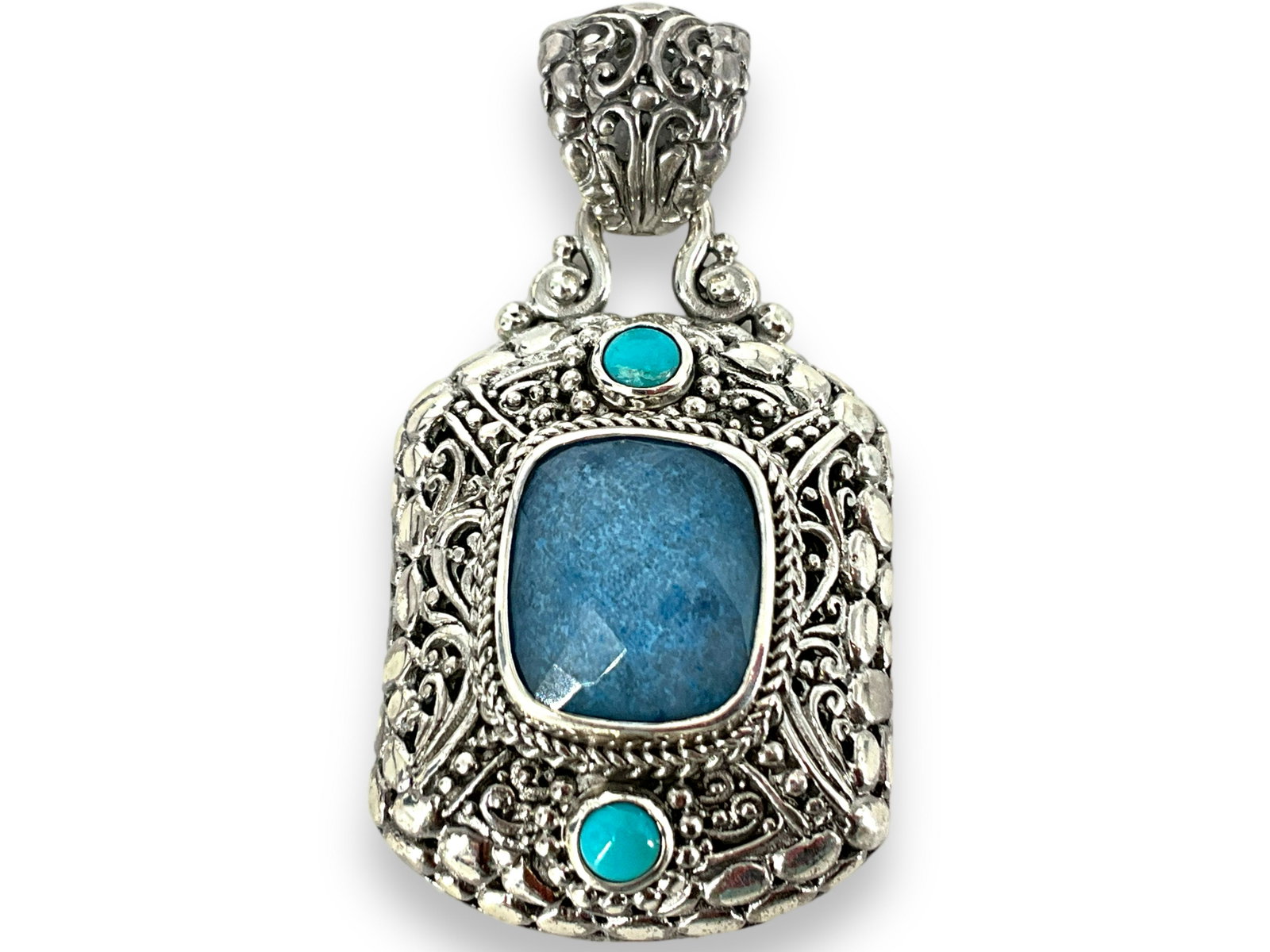 Sterling Silver & Semi-Precious Stone Slide Pendant: Sterling Silver & Semi-Precious Stone Slide Pendant Measuring (1.97î) in lenght with bezel set gemstones including a faceted center stone, rope stye trim (0.57 troy oz tw).