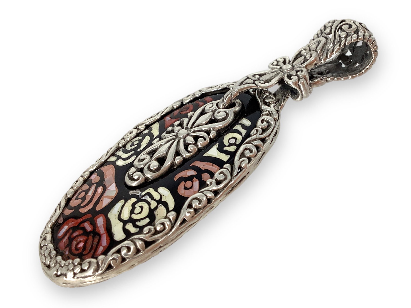 Sterling Silver Pendant with M.O.P. Elements - Roses Motif: Sterling Silver Pendant with M.O.P. Elements - Roses Motif Modern design, like-new condition. Stamped and tested 925/sterling silver, signed SARDA, made in Indonesia, 62.25mm in length including bail,