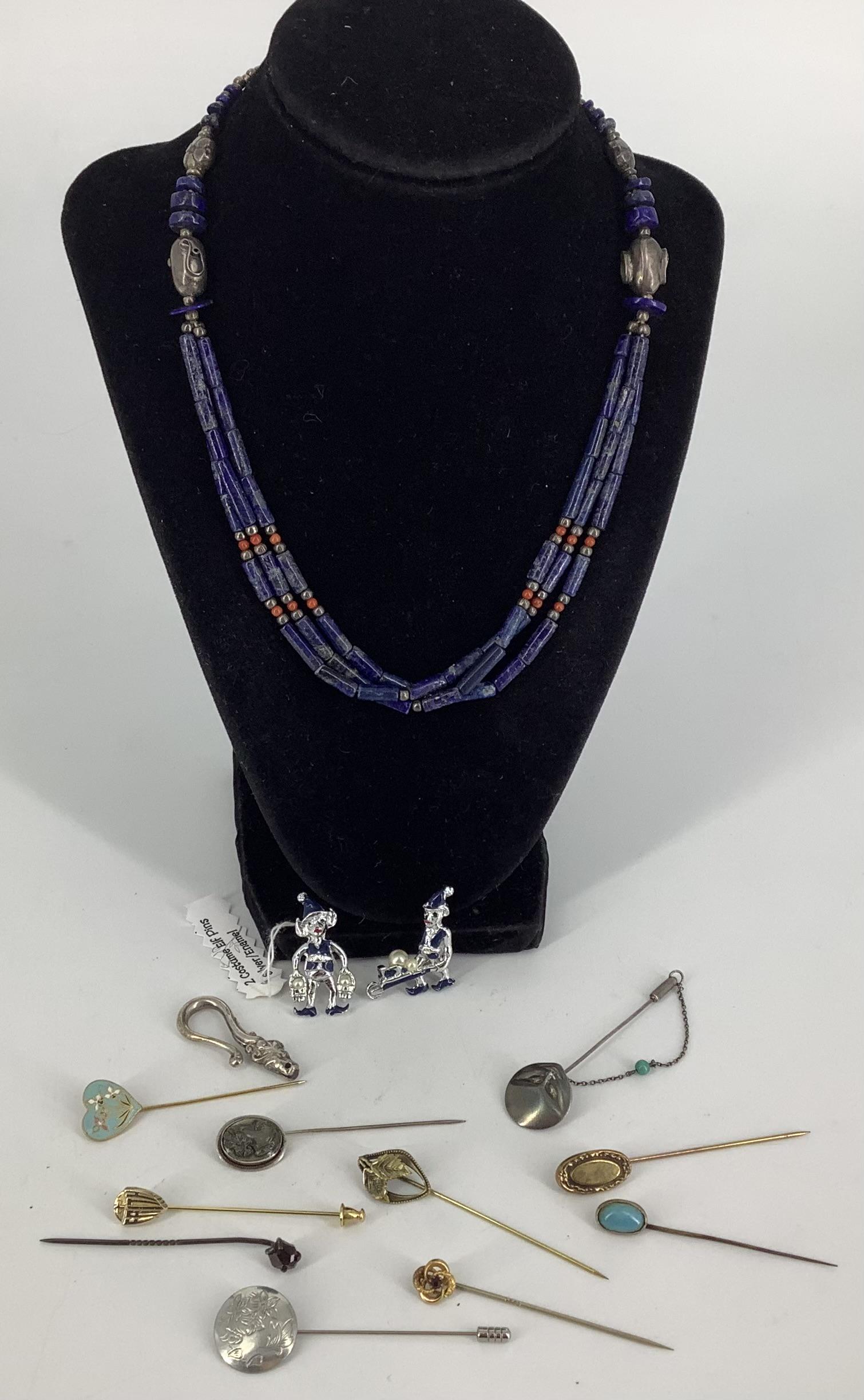 Darling Elf Pins, Silver Dragon Pendant, Stickpins and Silver Beaded Lapis Necklace: Darling Elf Pins, Silver Dragon Pendant, Stickpins and Silver Beaded Lapis Necklace Two scatter pins in silver-tone metal w/faux pearls depicting elves at work, a 1 1/2î drop pendant with a drago
