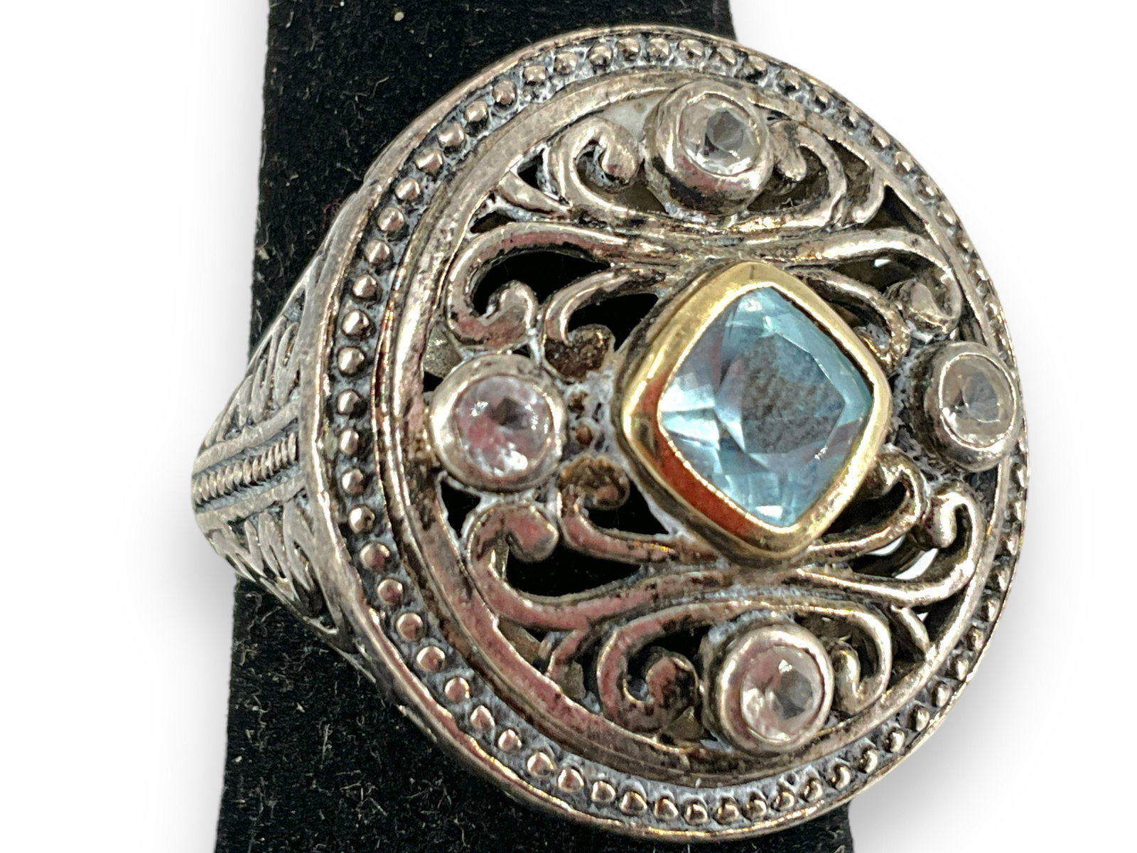 Modern Sterling Silver and Stone Ring: Modern Sterling Silver and Stone Ring Stamped and tested 925/sterling silver, size 8 with tapered shank, 0.295 troy ounces total weight, polished metal finish. With clear and blue stones in openwork m