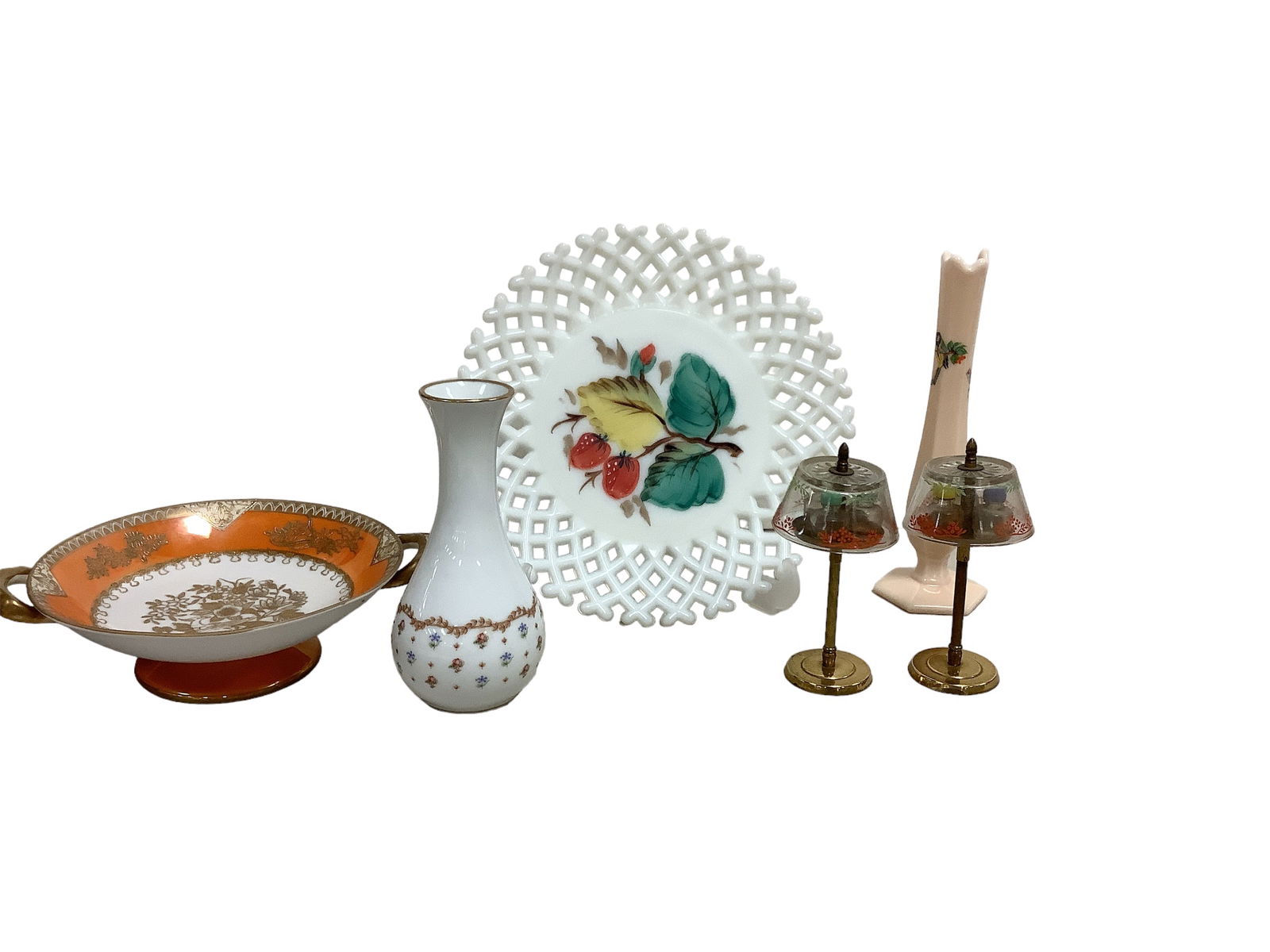 Noritake, Haviland, Vintage Perfume and More: Noritake, Haviland, Vintage Perfume and More Includes an 8î diameter Noritake orange, gold and white pedestal bowl, a 7îH Haviland vase, a pair of vintage glass and brass dollhouse floor lam