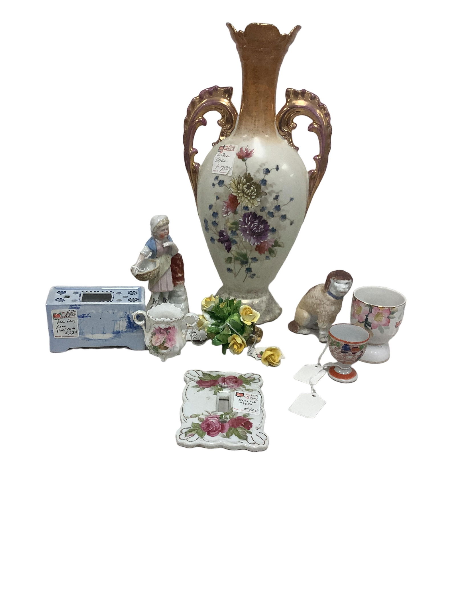 Decorative Items: Decorative Items Painted Austrian floral vase with handles 7.5îW x 14.25îH. Staffordshire Lady figurine 5.75îH. RS Prussia toothpick holder 2.5îH. Asian-inspired pa8nted egg cup 2.