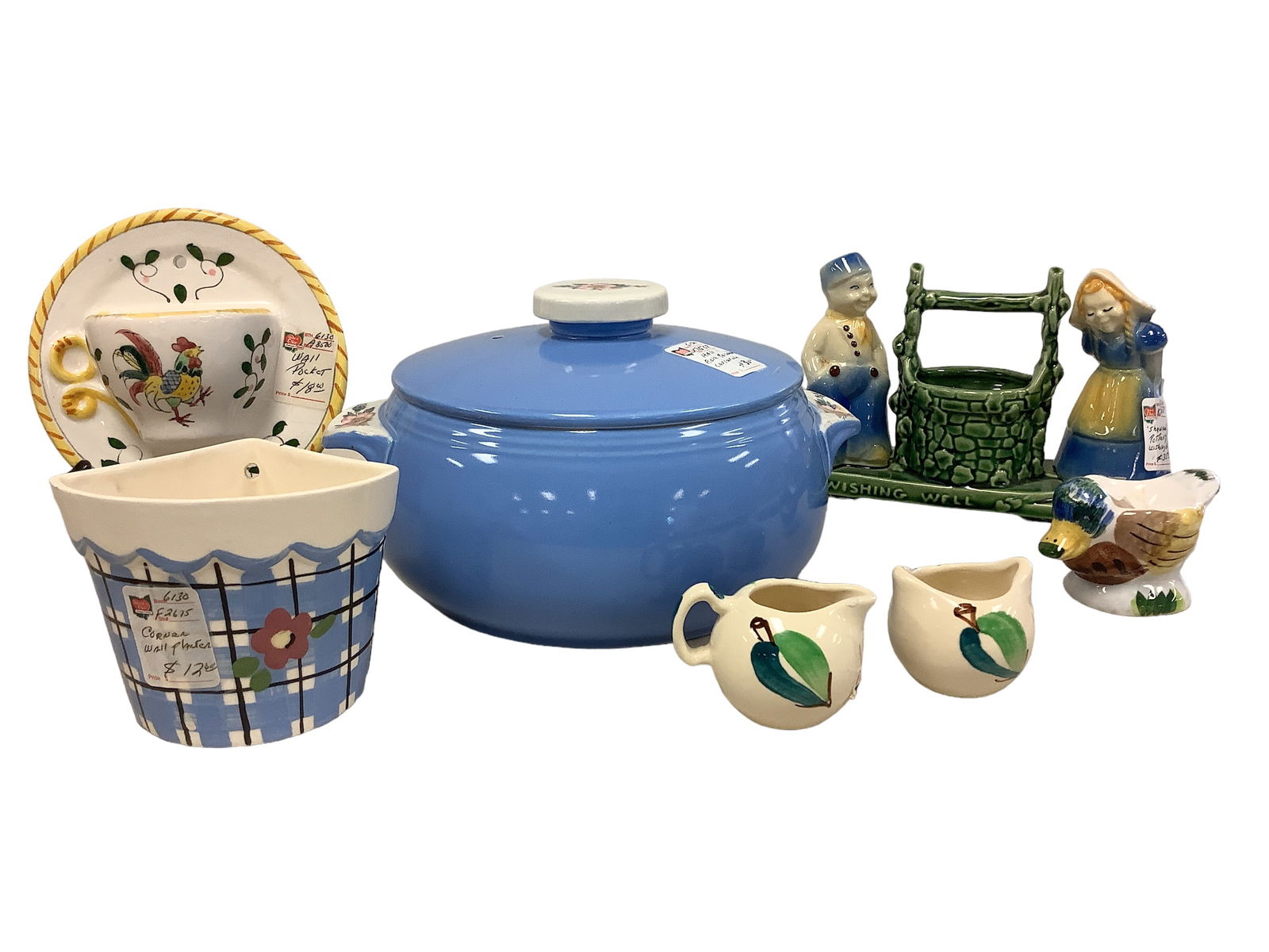 Assortment of Pottery and Porcelain: Assortment of Pottery and Porcelain Purinton 2î individual cream and sugar set. Duck egg cup 2îH. Cup & saucer wall pocket 6îD. Marked Morikin Japan. Painted corner wall planter 3.25W x